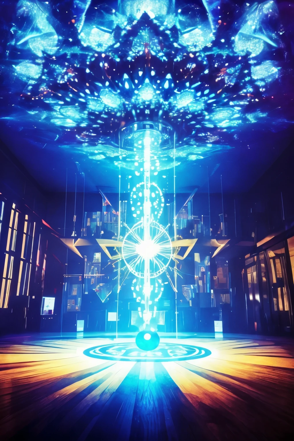 best quality, incredibly absurdres, extremely detailed, huge kaleidoscope magic circles on the floor and ceiling, bursting electromagnetic waves that shine blue-white between them, (spell letters that appear like holograms), figures, and silhouettes appearing and disappearing, background neon flashy light