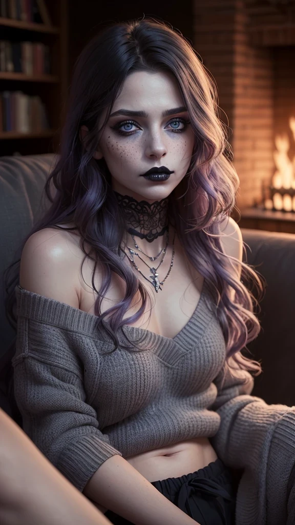 ((best quality: 1.5)) ((masterpiece: 0.8)), intricate details, sharp focus, professional, real life, realistic representation of the face, dynamic pose, in the style of realistic and hyper detailed renderings BREAK ((detailed middleaged woman, (((soft loose gray sweater, [black hair:purple hair:0.1], messy frizzy hair, ((([flat chest:medium breasts:0.8])))), lounging, couch, night, dim lighting, firelight, looking away, (((black sweatpants, off shoulder, dark gothic makeup, black lipstick, frustrated)), iceblue eyes))), freckles: 0.8)), photorealistic, hyper-realistic, 8K
