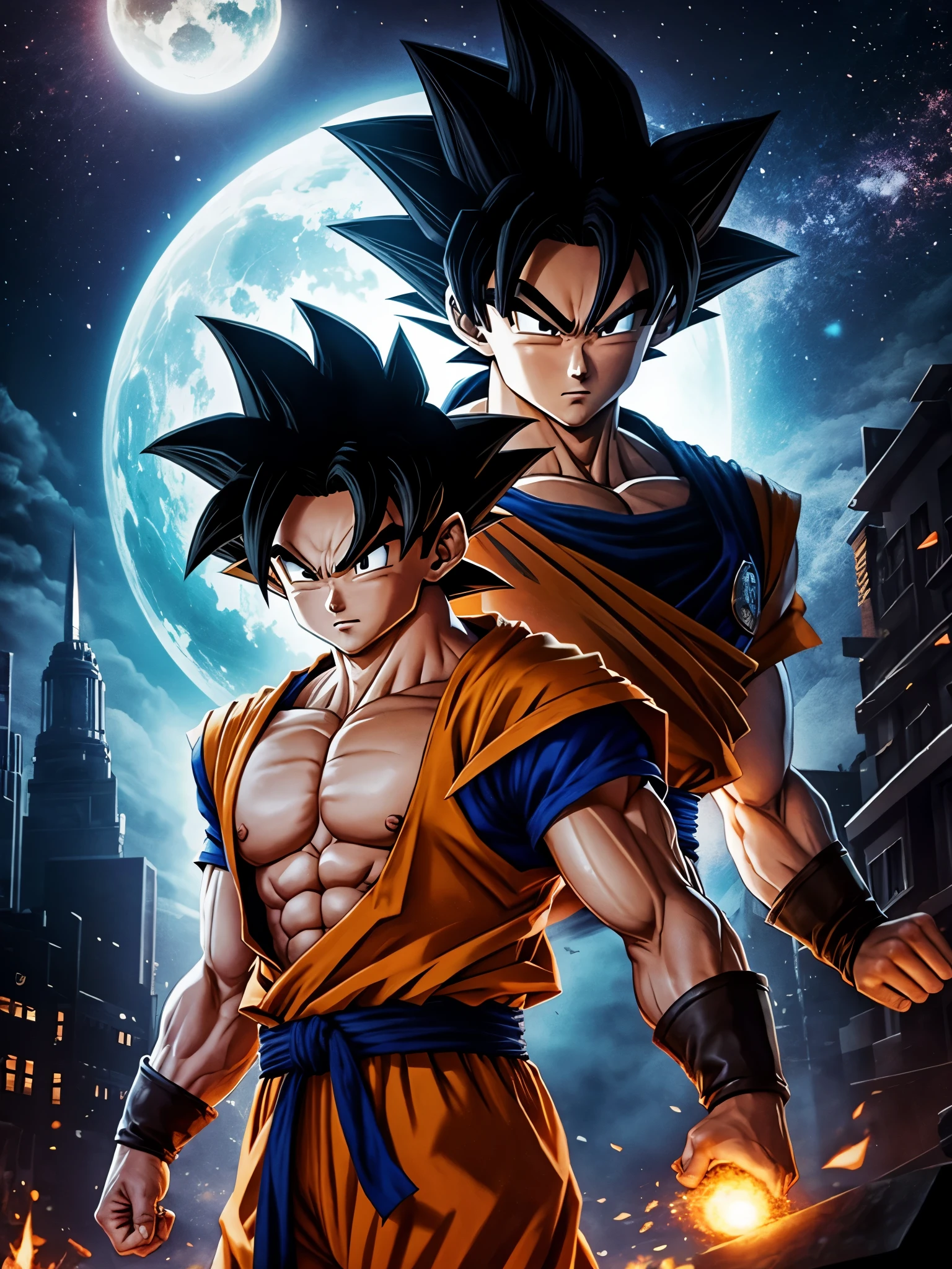 Goku de dragon ball en nivel ulta instinto en una ciudad nocturna