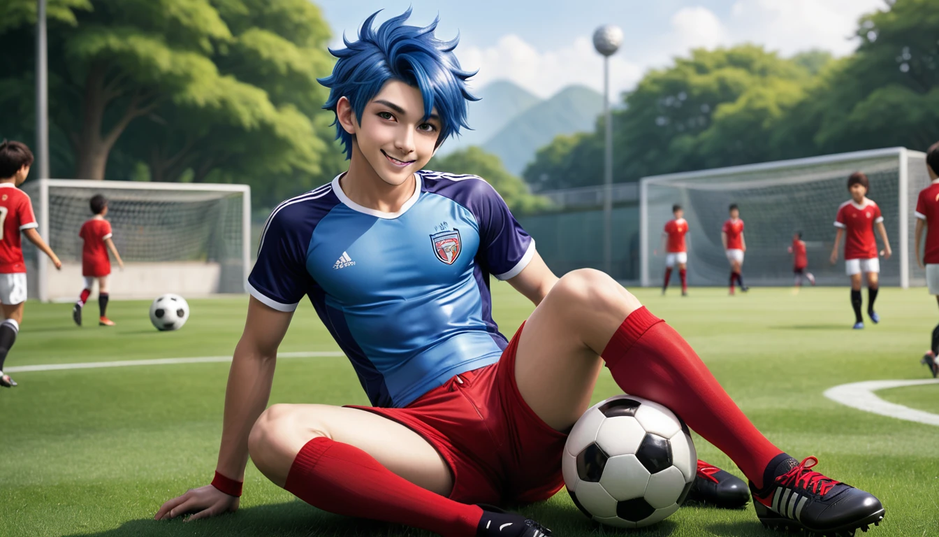 (((Official art, superfine illustration, high resolution, masutepiece, best quality, Best Quality,)))highquality, extremely detailed, (A very well-trained slender sexy very hot looking twink boy, bare chest),15 years old, bare chest, A young ace striker male idol with a super cute horny face full of sexual desire, A boy as beautiful as Planding, Cool handsome face with horny smile, bare smooth chest,sleek, hot abs, soccer spike, smooth very well defined long legs, thighs thighs thighs thighs, Foots, Big bulge, (Blue hair Spiky hairstyle)、 Shiny hair, (tight shiny red soccer shorts), (tight and shiny soccer shorts), (Soccer Socks), tussock, Cool pose, (厚いthighs thighs thighs thighs、Seduce your big ass to your crotch)、(((soccer field in the park)))、((cocky、))、Smirk、Spread legs, Ultra-fine painting, (Best Quality, 4K, 8K, hight resolution, masutepiece:1.2),(((Being aware of the sexual gaze of middle-aged gay men)))、Service Shots、(((Very dark skin)))、((detailed eyes:1.2))、kawaii eyes、