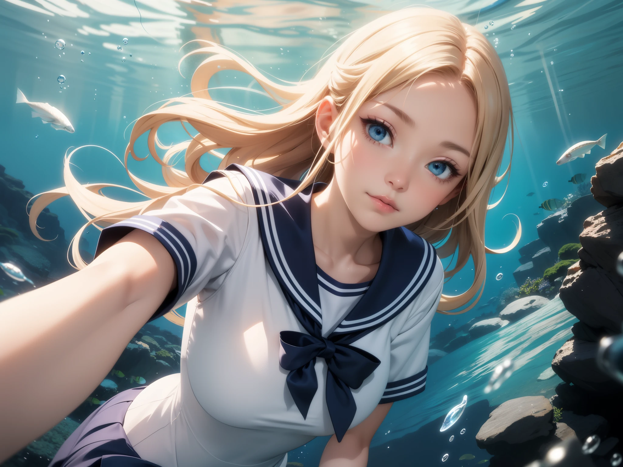 (perspective:1.3),Shirase Fuku,Sailor suit, white theme,Uniforms, Sailor suit, looking at the audience, crazy, messy long hair, Beautiful and delicate eyes,hair glowing,dramatic angle,Blue sailor collar, perky breasts,faint smile,Partially underwater filming...