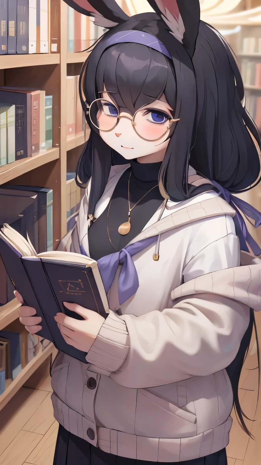 best quality,best resolution,(young :1.3),rabbit furry girl,white rabbit ears,white fur,black long hair,white fluffy rabbit tail,very big round glasses,library,looking at viewer,surprise face,full face blush,reading book,upper body only
