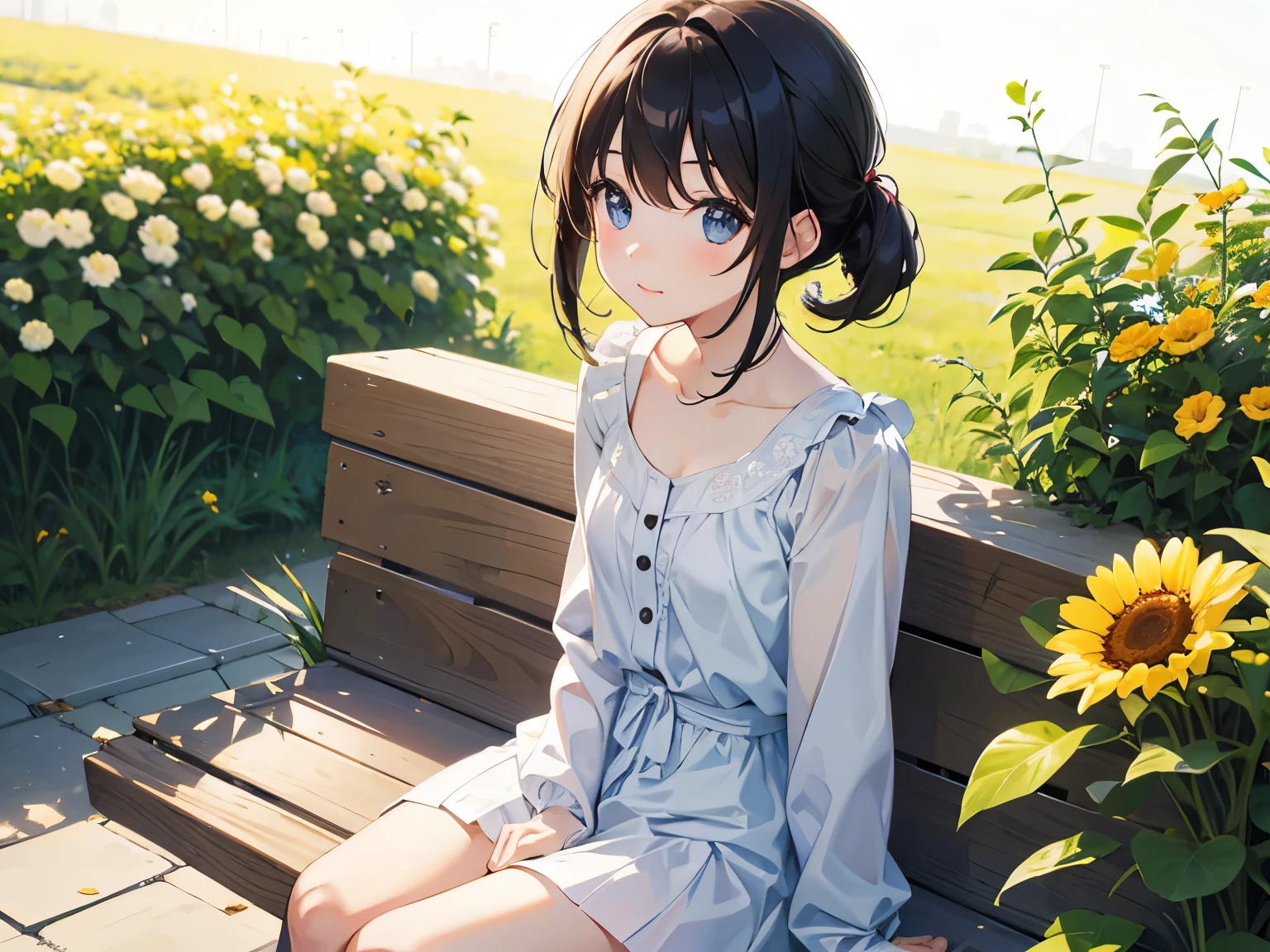cute,Lively,Sunlight,innocent girl,wear,in a sitting position,Looking at you curiously