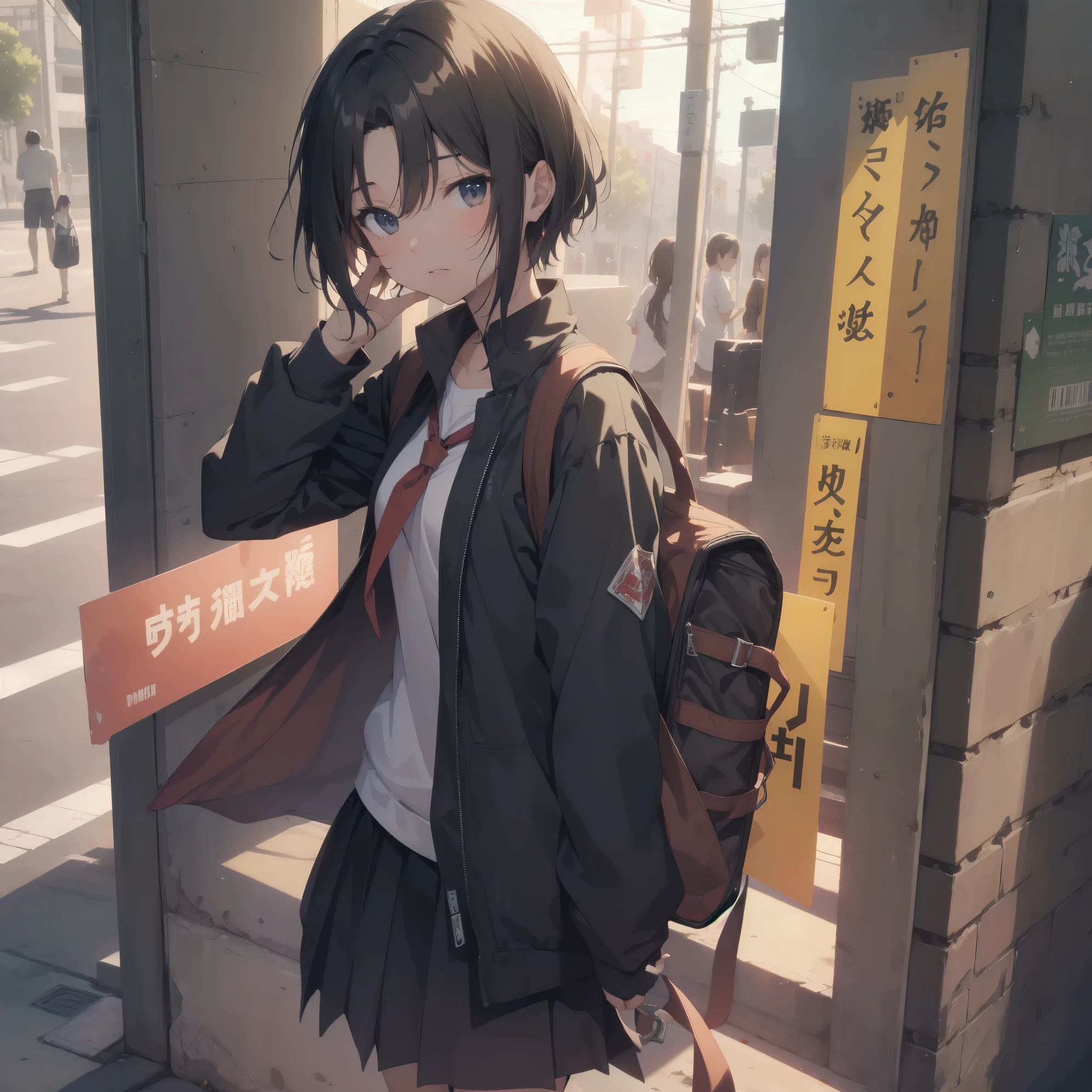 Super absurd quality by the god of art, super detailed, High resolution, anime moe art style, Best Anime 8K Kona-chan Wallpaper, pixiv contest winner, perfect anatomy, break,(眠そうにalone学校へ行く女の子を描いてください. )break,1 girl, (alone,little woman, baby face, :1.3),All limbs, full finger,, The charm of an immature body, (very_short hair), Bang, flat chest, small ass, between legs, small black eyes, detailed and beautiful eyes, Well-proportioned iris and pupils, expressive eyes, sleepy eyes, High resolutionの詳細な髪, neck ribbon, shirt, collared shirt, skirt, pleated skirt, school uniform, school bag,(detailed lighting), (detailed background), On the way to school. break,super dense skin, Best cinematic lighting powered by famous artist, 8k, Beauty Illustration,photoshop_(Moderate),Absurd Hi-Res,Hmm,rough skin,break,((artist:shinkai makoto)), artist:Ilya Kuvshinov,artist:kirisawa juuzou,artist:Fujiyama