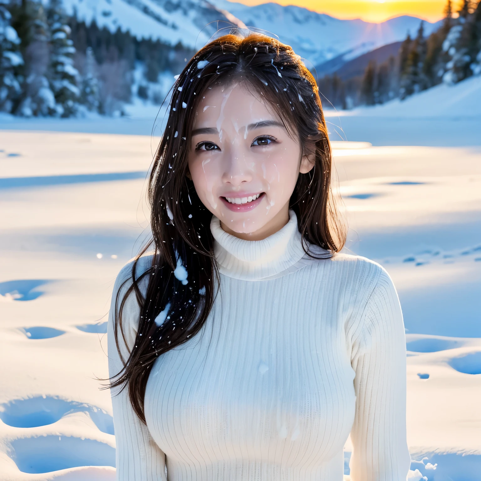 (table top、highest quality、8k、Award-winning work、ultra high resolution)、one beautiful woman、(Perfect burgundy turtleneck long sleeve knit sweater dress:1.1)、(close up of face:1.1)、(Very fine knit with a smooth texture:1.1)、long hair、(Snowy mountains of Northern Europe:1.1)、snow forest、mysterious forest snow scene、(blurred background:1.1)、(very bright and vivid:1.1)、(very bright and glowing skin:1.1)、(glamorous body:1.1)、(Tightest knit with perfect fit:1.1)、(very big breasts:1.1)、(emphasize body line:1.1)、winter、(the biggest smile looking at me:1.1)、(Smile showing your beautiful perfect teeth:1.1)、A vivid and magical sunset、romantic sunset glow、shining snow、beautiful sunlight filtering through the foliage、epic movie lighting、The sparkle of fine diamond dust、(It&#39;s snowing:1.2)、perfect fit、(accurate anatomy:1.1)、ultra high definition hair、ultra high resolutionの完璧な美しい歯、Ultra high definition beauty face、ultra high definition hair、Super high-definition sparkling eyes、輝くultra high resolutionの美肌、ultra high resolutionの艶やかな唇、epic movie lighting、the most romantic、the moodiest、romantic love feeling、(face covered in semen:1.5)、(Knit dress covered in semen:1.1)