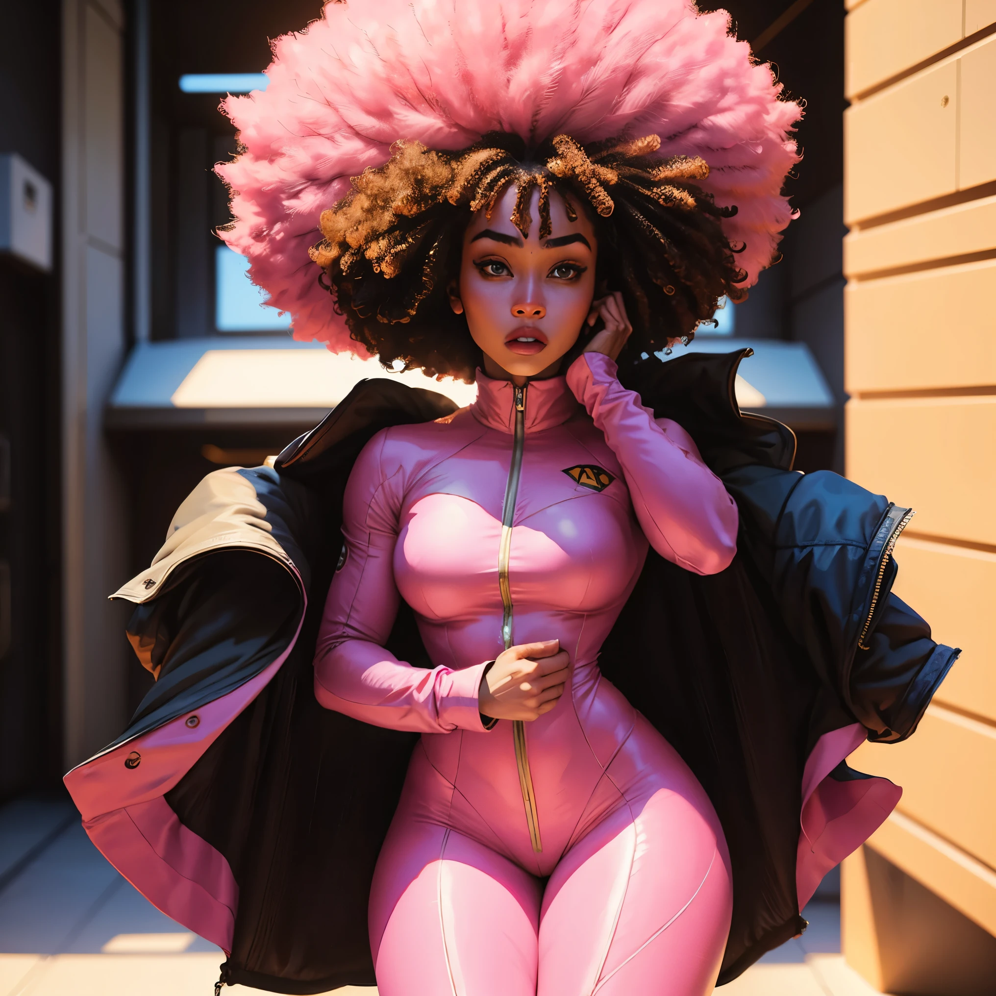 A young black superhero woman, with an afro and pink eyes And a short pink ando gold suit that shows off her thighs, which highlights her thighs