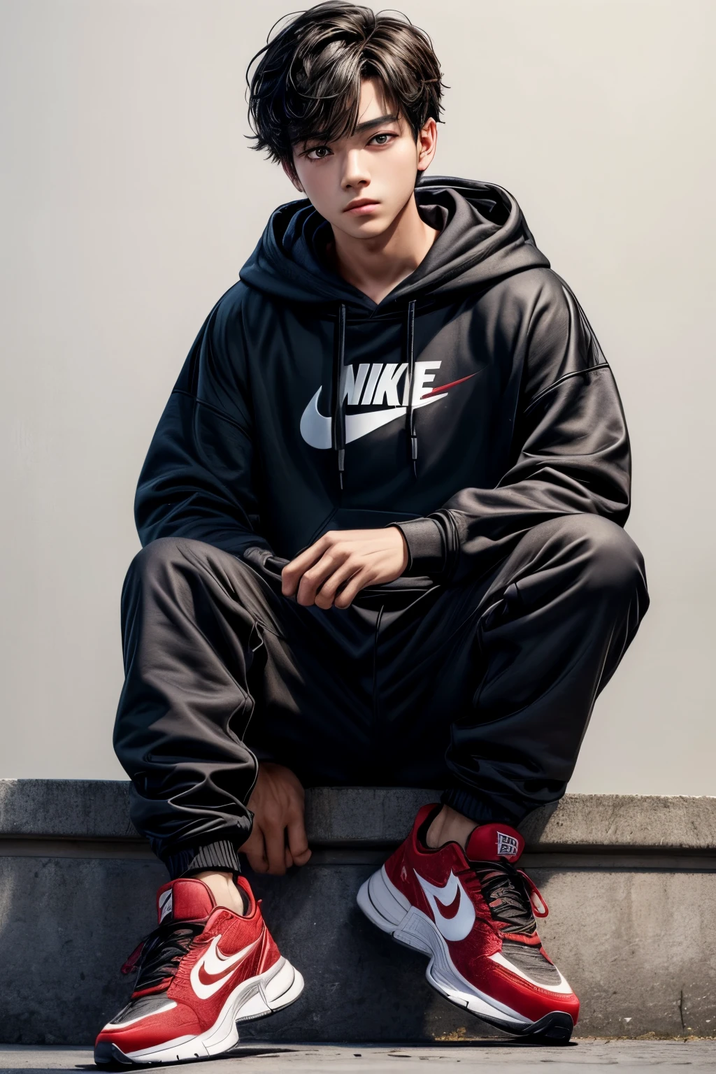 (masterpiece), (extremely intricate:1.3), (realistic), ((1boy)), ((solo)),1 boy, handsome boy, black hair, hair with comma, hair with comma on forehead, Korean hair, street style, hoodie, white background, bright, red eyes, looking at viewer, full body, Nike sneakers.