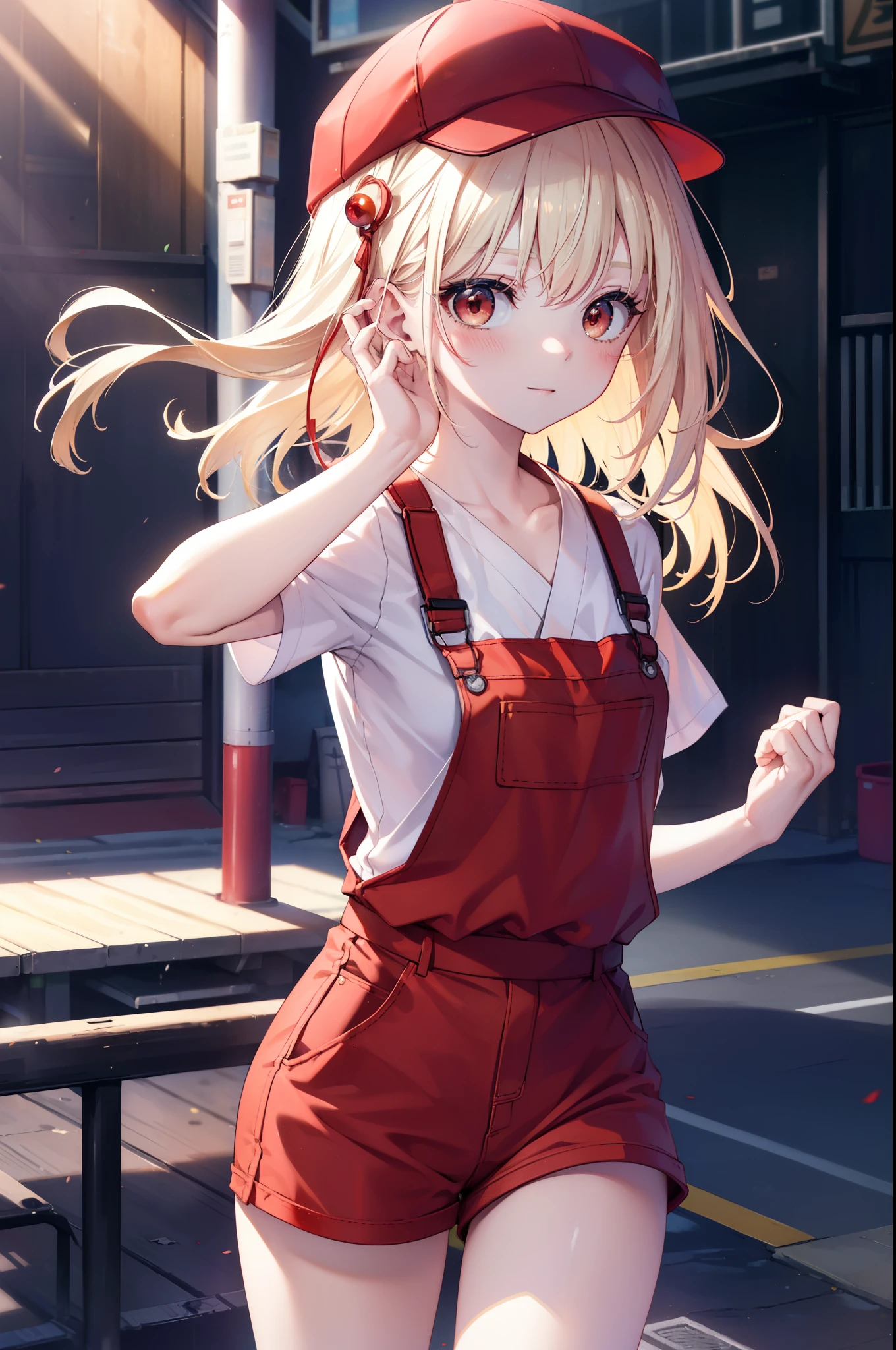 chisatonishikigi, nishikigi chisato, long hair, bangs, blonde hair, (red eyes:1.5), one side up,smile,blush,baseball hat,bare arms,red sleeveless,Overalls with one handle coming off,shorts,short sneakers,baseball Ground　Audience seats,I&#39;m turning around,
break outdoors, baseball Ground　Audience seats,
break looking at viewer, (cowboy shot:1.5),
break (masterpiece:1.2), highest quality, High resolution, unity 8k wallpaper, (figure:0.8), (detailed and beautiful eyes:1.6), highly detailed face, perfect lighting, Very detailed CG, (perfect hands, perfect anatomy),