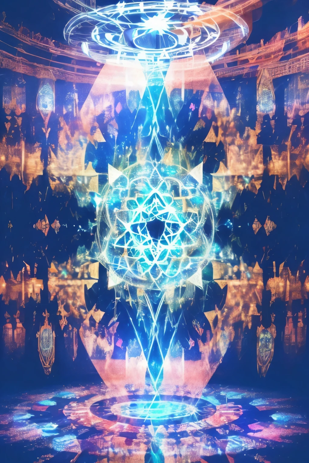 best quality, incredibly absurdres, extremely detailed, huge kaleidoscope magic circles on the floor and ceiling, bursting electromagnetic waves that shine blue-white between them, (spell letters that appear like holograms), figures, and silhouettes appearing and disappearing, background neon flashy light