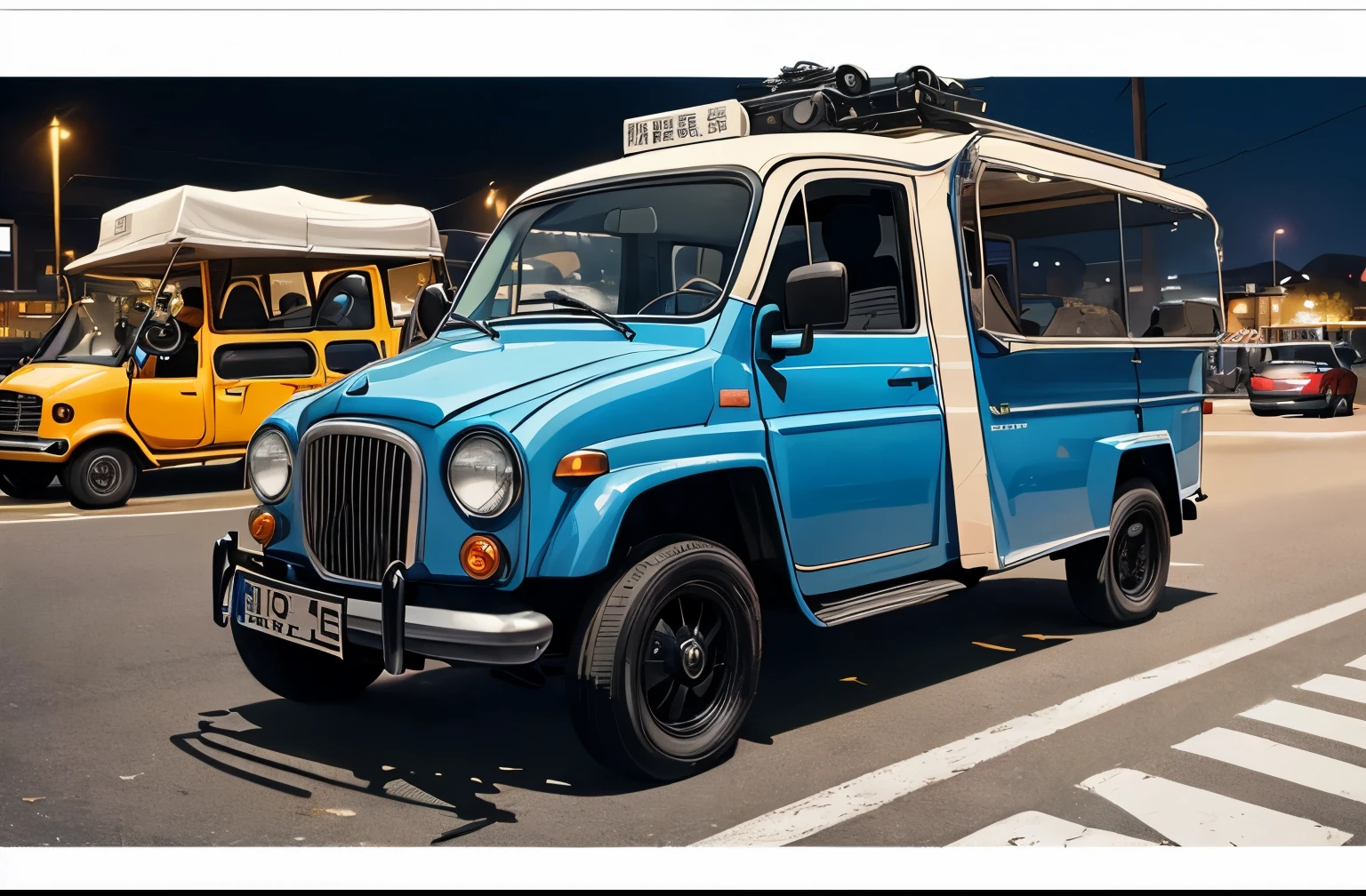 (late at night:1.3), , (Detailed beautiful skin texture, detailedな美しい顔, 超detailedな clothing textures), , (sideways car:1.4), , (an 超detailedな four-wheeled and long bonnet tuk-tuk and eear loading platform with luggage on it and letter-tyres), , (3/4横面figure, car is in the center of the frame), , (in the parking lot, at 超detailedな), (All cars are deformed and customized classic cars), , (soft writing), , (masterpiece, highest quality:1.4, 128k, 超detailedな, figure, clear_image, Complex_detailed, delicate figure), (realistic:0.15),