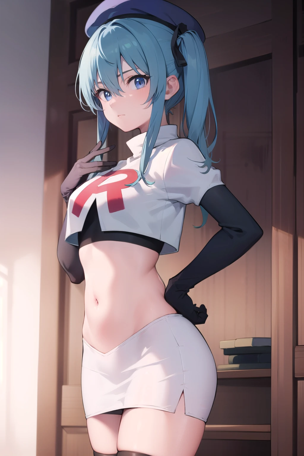 hoshimachisuisei, suisei hoshimachi, blue eyes, blue hair, hair between eyes, medium hair, side ponytail,
BREAK beret, crown, gloves, grey headwear, hat, jacket, jewelry, team rocket,team rocket uniform, red letter R, white skirt,white crop top,black thigh-highs ,black elbow gloves
BREAK looking at viewer,
BREAK (masterpiece:1.2), best quality, high resolution, unity 8k wallpaper, (illustration:0.8), (beautiful detailed eyes:1.6), extremely detailed face, perfect lighting, extremely detailed CG, (perfect hands, perfect anatomy),