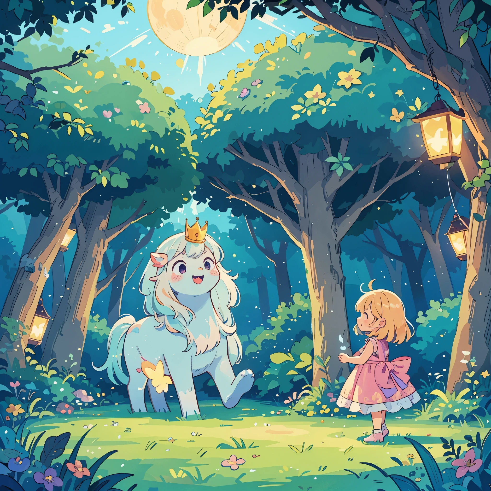 "(best quality,ultra-detailed,realistic:1.37),vibrant,colorful,magical mythical,,enchanted forest,fairies,fantasy world,sparkling stars and moon,storybook illustration,delightful and whimsical,adorable happy children,playful joy and laughter,glowing lanterns,flying dragons and unicorns,hidden treasures and secret passages,thick foliage and colorful flowers,golden sunbeams filtering through the trees,a magical castle in the distance,soft and glowing light,imagination and wonder,fairytale dreams come true"