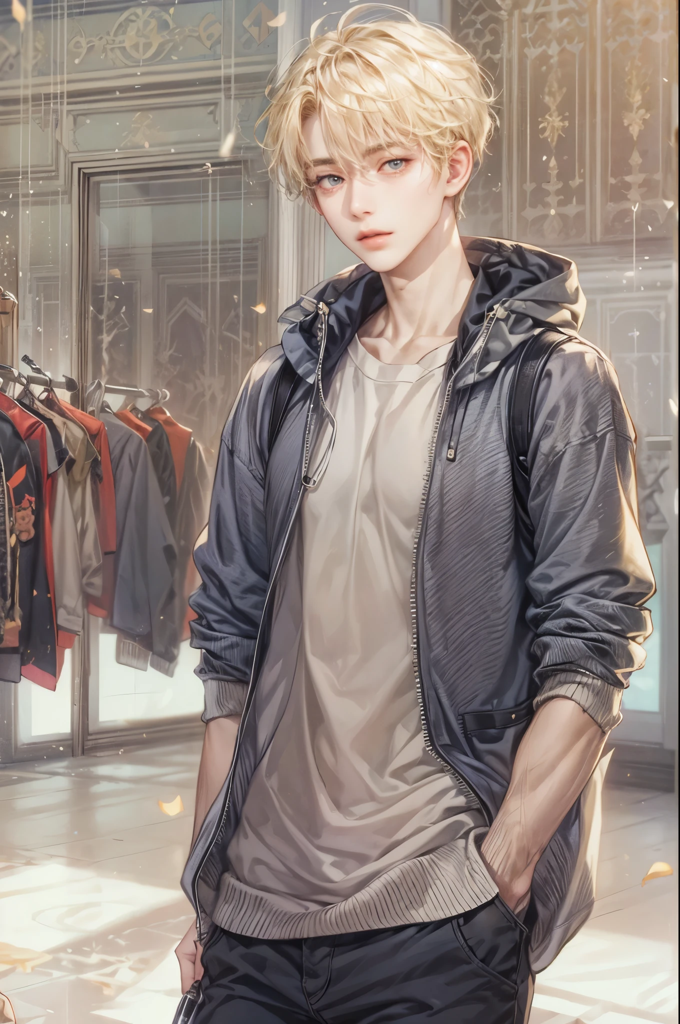 ((Best quality)), ((masterpiece)), (detailed), ((perfect face)), ((halfbody)) handsome face, male, teen boy, perfect proportions , a character from webtoon the liar and his lover, blonde short hair, male version , detailed workshop background, detailedscenery background