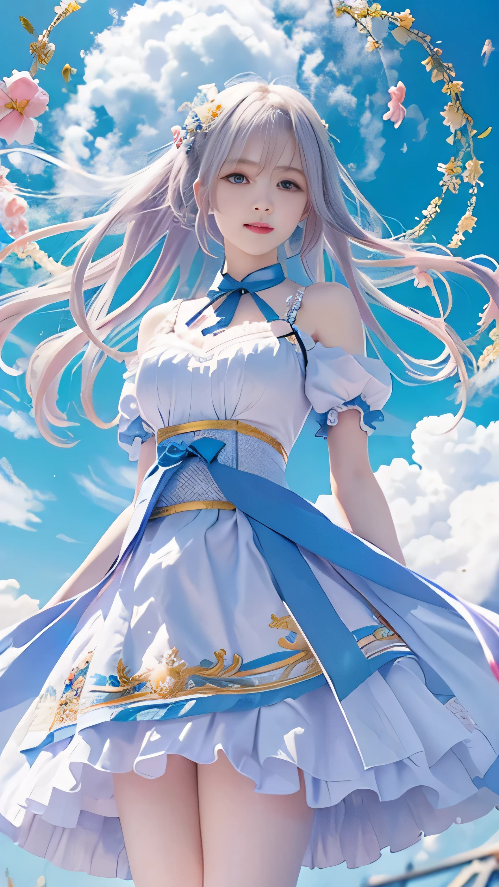 ((RAW image quality:1.4)), 1 girl, 13 years old, Japanese, A woman wearing a blue and white lolita costume、floating in the sky with magical power, Reflecting the strength of her determination,Because she embodies the power of natural forces in battle.official art, 8k wallpaper, Super detailed, beautiful and aesthetic, beautiful, masterpiece, highest quality,(Please pay attention to your thighs),cute face,naughty smile, eye details,small bust、delicate body shape、(Wind,outstanding pale straight hair,Floating skirt),white panties, (he has a long anime magic wand.)、(wonderful bright blue sky:1.4), biologically correct, A photo that shows the whole body,