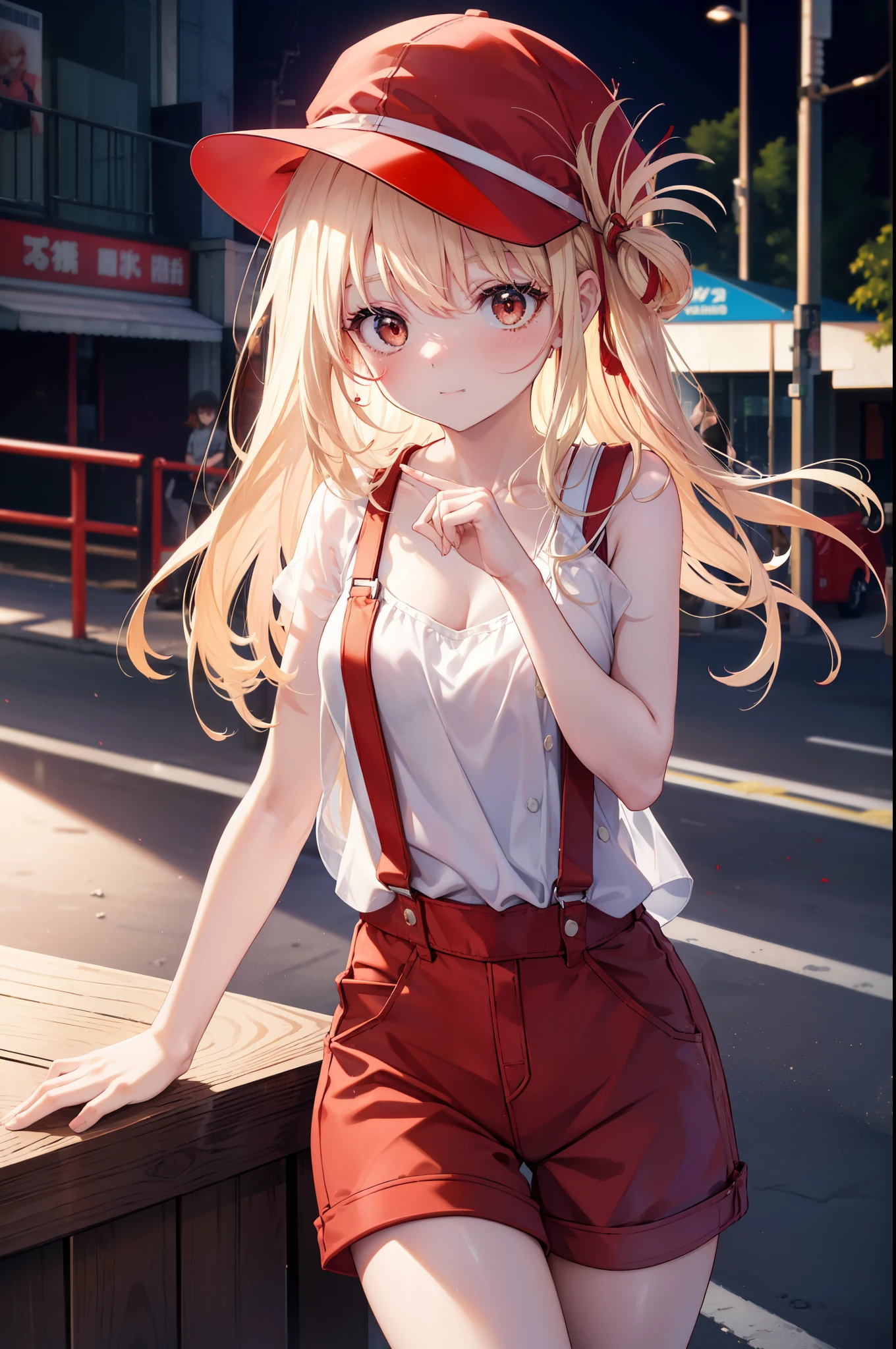 chisatonishikigi, nishikigi chisato, long hair, bangs, blonde hair, (red eyes:1.5), one side up,smile,blush,baseball hat,bare arms,red sleeveless,Overalls with one handle coming off,shorts,short sneakers,baseball Ground Audience seats,I'm turning around,
break outdoors, baseball Ground Audience seats,
break looking at viewer, (cowboy shot:1.5),
break (masterpiece:1.2), highest quality, High resolution, unity 8k wallpaper, (figure:0.8), (detailed and beautiful eyes:1.6), highly detailed face, perfect lighting, Very detailed CG, (perfect hands, perfect anatomy),