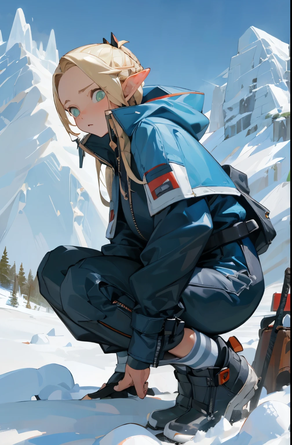 (masterpiece, best quality) detailed, black socks, silver accessories , zipper unzipped , blonde ,elegant, pointed ears ,snow mountain,ski suit