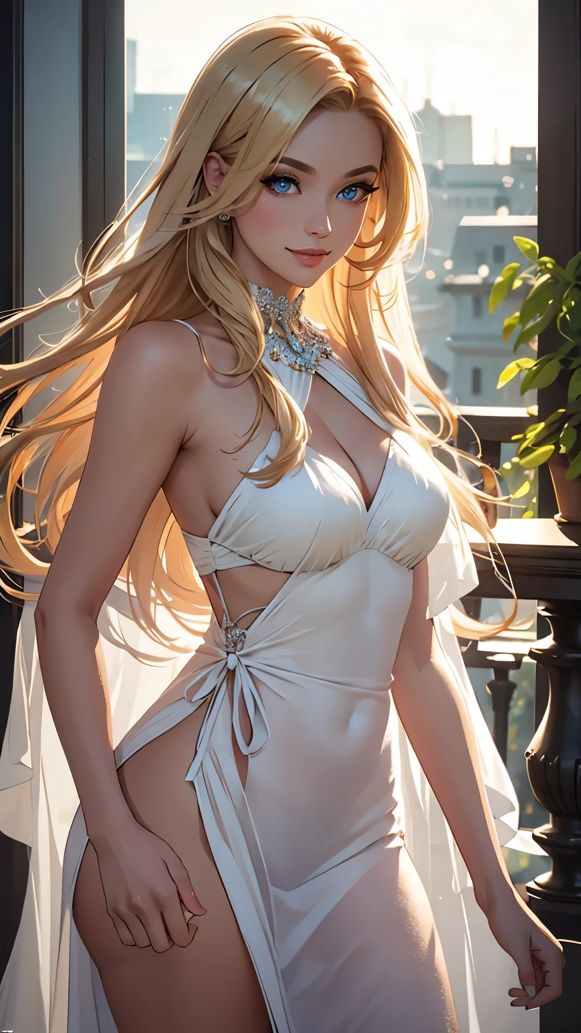 (best quality,ultra-detailed,photo-realistic:1.37),bright and vibrant colors,studio lighting,playful expression,stylish makeup,long blonde hair flowing in the wind,alluring eyes,glossy lips,sexy pose, Succubus Queen, Balcony, smiling in a confident and seductive way,posing for a professional photoshoot,shallow depth of field,highlighting the main subject,soft natural lighting,creating a dreamy and magical atmosphere.