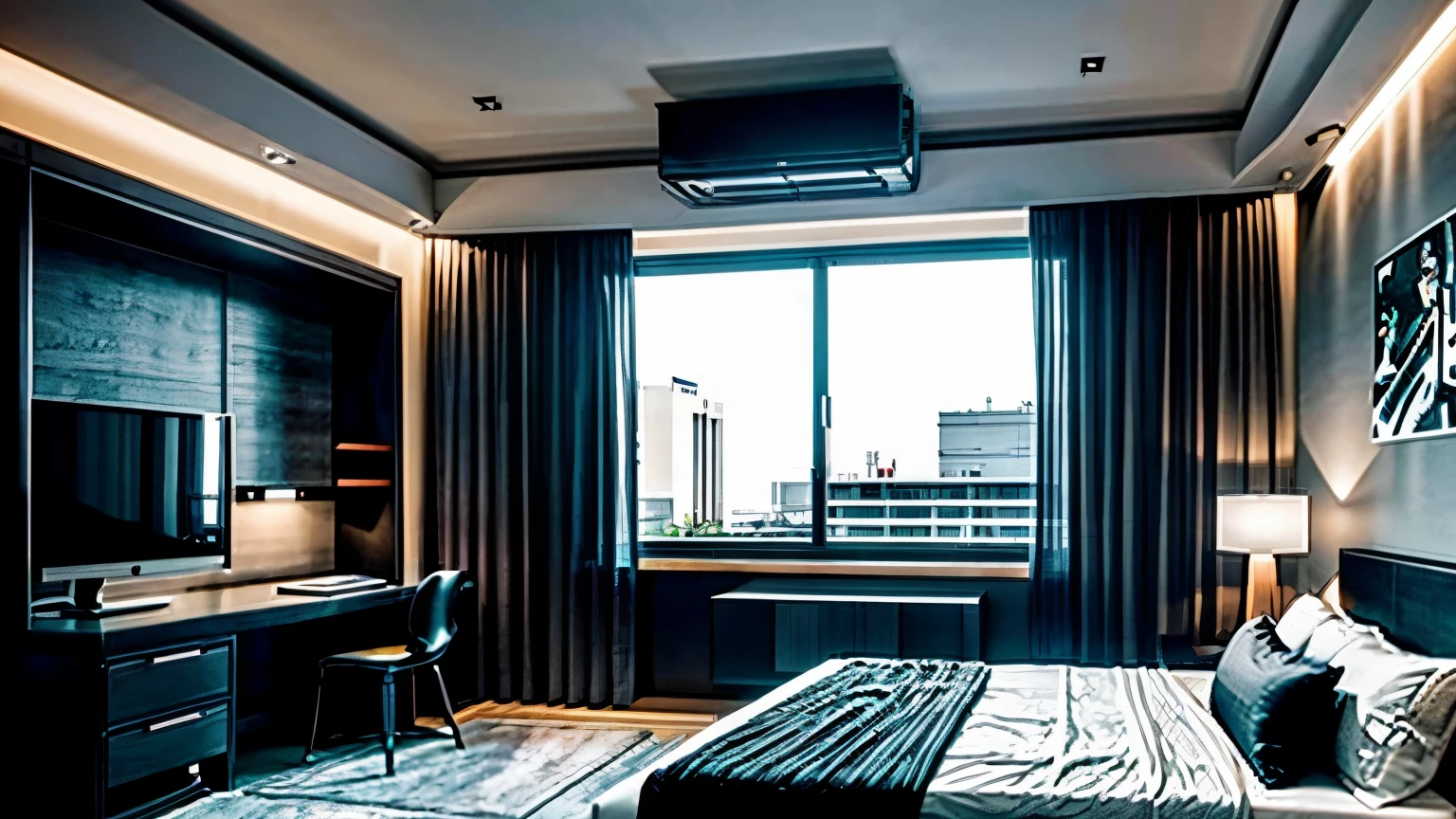 A stylish and modern room design, featuring sleek furniture and a touch of sports memorabilia. The walls are adorned small with posters of SonGoku, the M.U team football, and Cristiano Ronaldo. The room is equipped with a minimalist computer desk, a comfortable bed, a spacious wardrobe, and floor-to-ceiling windows. The curtains are modern, allowing for an abundance of natural light. The overall ambiance of the room is clean and organized, with an emphasis on functionality and personal style, photo