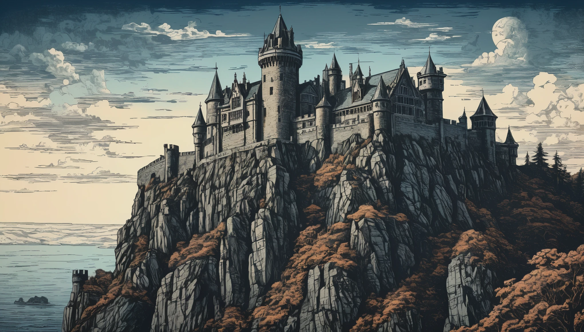 An ornate medieval castle perched atop a craggy cliff, turrets reaching towards the sky, depicted in a mezzotint risograph stippled style that accentuates the ancient stonework's textures and weathered surfaces. hyper realistic, 8k, vibrant colors, sharp crisp image