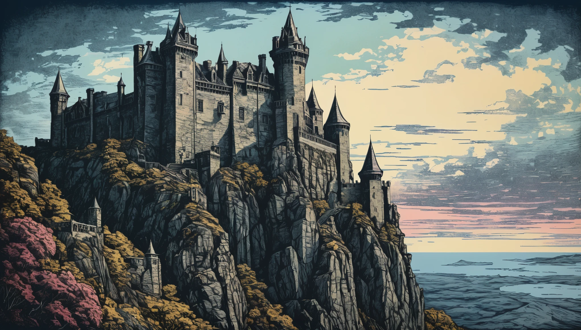 An ornate medieval castle perched atop a craggy cliff, turrets reaching towards the sky, depicted in a mezzotint risograph stippled style that accentuates the ancient stonework's textures and weathered surfaces. hyper realistic, 8k, vibrant colors, sharp crisp image