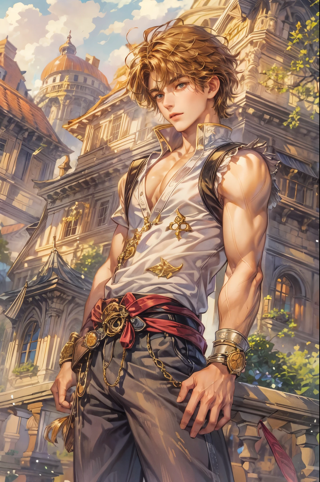 ((Best quality)), ((masterpiece)), (detailed), ((perfect face)), ((halfbody)) handsome face, male,  boy,  perfect proportions , a character from anime legend of mana teardrop crystal, brown short hair, male version , peaceful town of domina, detailed town of domina background, detailed ghibli scenery background 