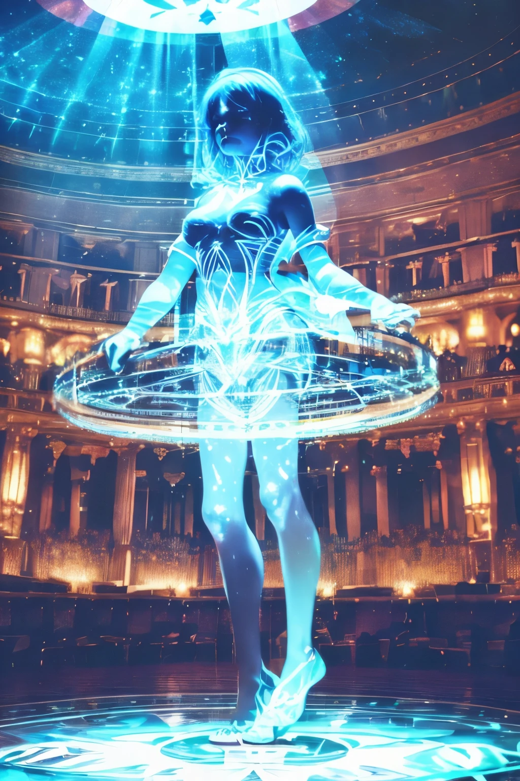 best quality, incredibly absurdres, extremely detailed, huge kaleidoscope magic circles on the floor and ceiling, bursting electromagnetic waves that shine blue-white between them, (spell letters that appear like holograms), figures, and silhouettes appearing and disappearing, background neon flashy light