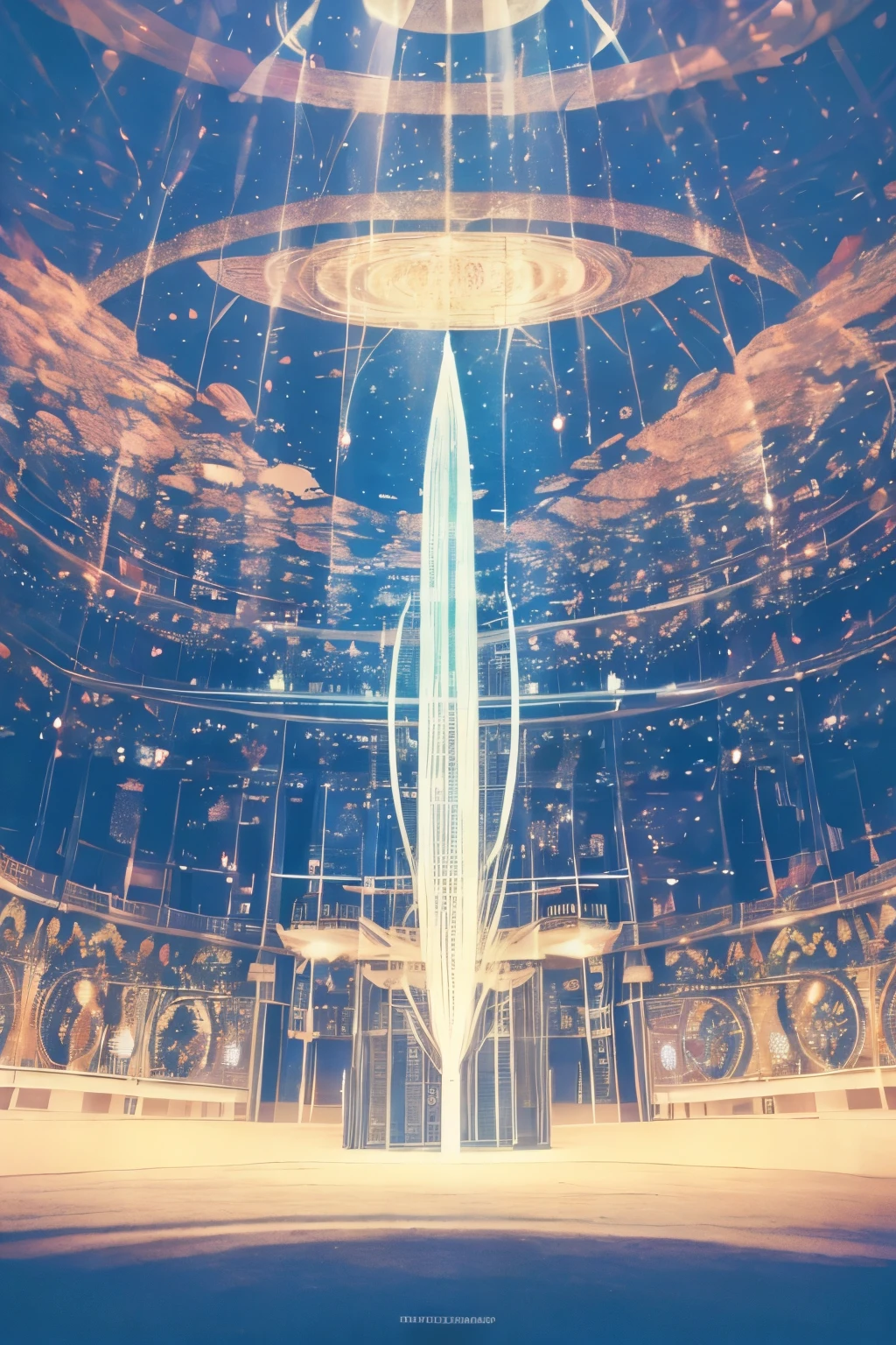 best quality, incredibly absurdres, extremely detailed, huge kaleidoscope magic circles on the floor and ceiling, bursting electromagnetic waves that shine blue-white between them, (spell letters that appear like holograms), figures, and silhouettes appearing and disappearing, background neon flashy light