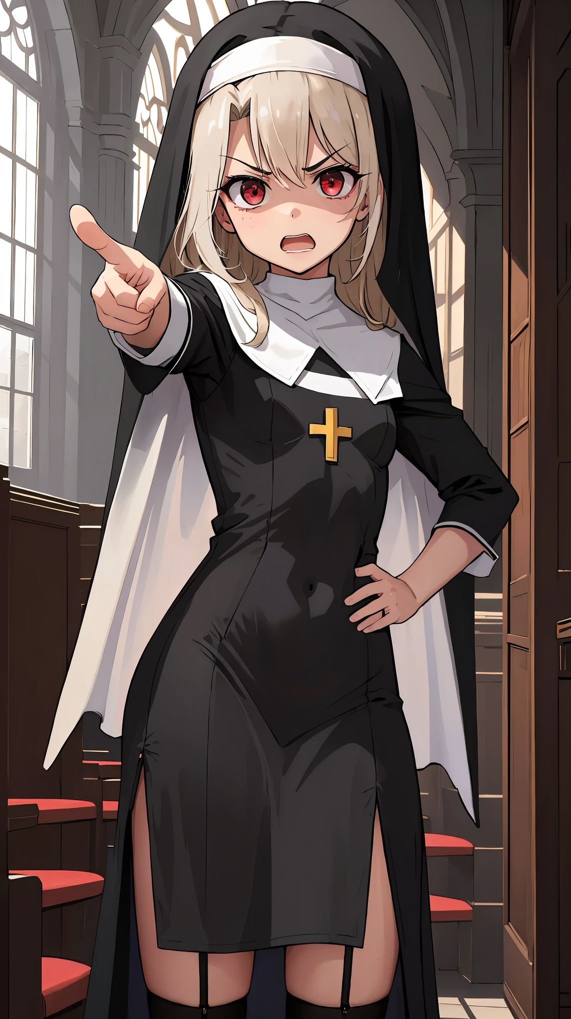 masterpiece, best quality, hyper detailed,(Pointing at you) hand on hip,solo,1girl,(illyasviel von einzbern),****,toddler,petite,cute face,infant,cream hair,red eyes,small breasts,(((angry))),open_mouth,(nun:1.4),white thighhigh,cross necklace,indoor,(cathedral background),