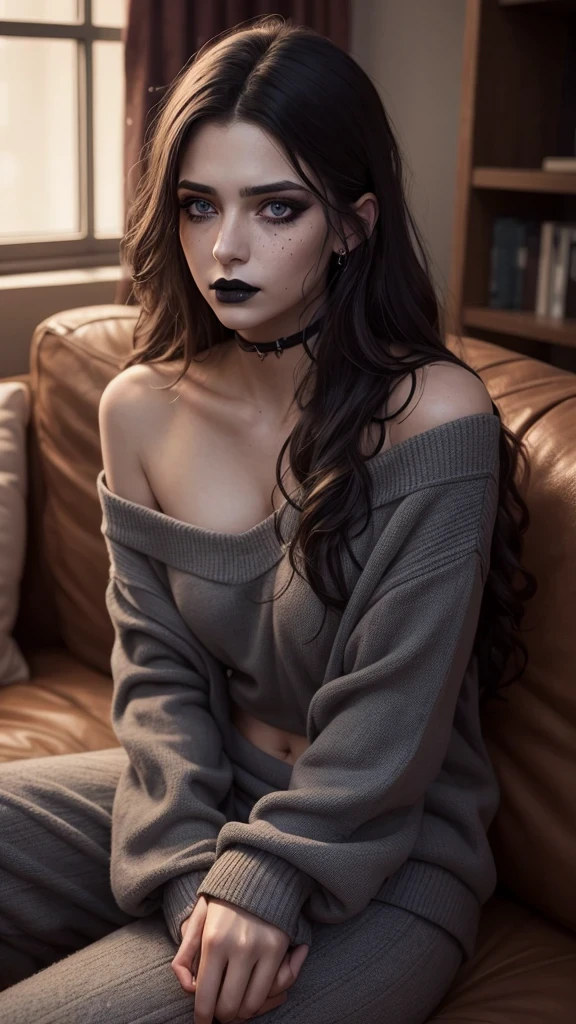 ((best quality: 1.5)) ((masterpiece: 0.8)), intricate details, sharp focus, professional, real life, realistic representation of the face, dynamic pose, in the style of realistic and hyper detailed renderings BREAK ((detailed middleaged woman, (((soft loose gray sweater, fingerless gloves, [black hair:purple hair:0.1], messy frizzy hair, ((([flat chest:medium breasts:0.8])))), lounging, couch, night, dim lighting, firelight, looking away, (((black sweatpants, off shoulder, dark gothic makeup, black lipstick, frustrated)), iceblue eyes))), freckles: 0.6)), photorealistic, hyper-realistic, 8K
