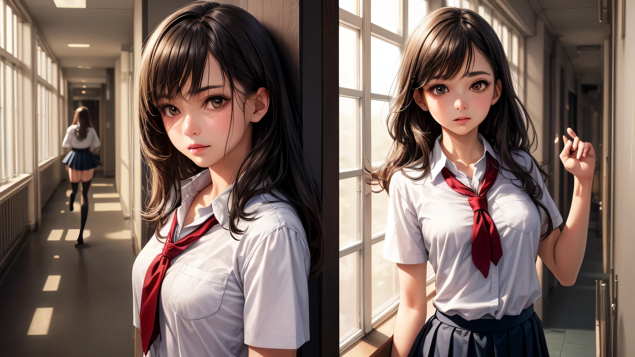 (1girl), brown eyes, air bangs, (highly detailed eyes, highly detailed face), (hyper-realistic, hight resolution), (best Quality:1.4), (high school uniform, pleated mini skirt:1.2), model, Enchanting, school, school hallway, alone, tears in her eyes,