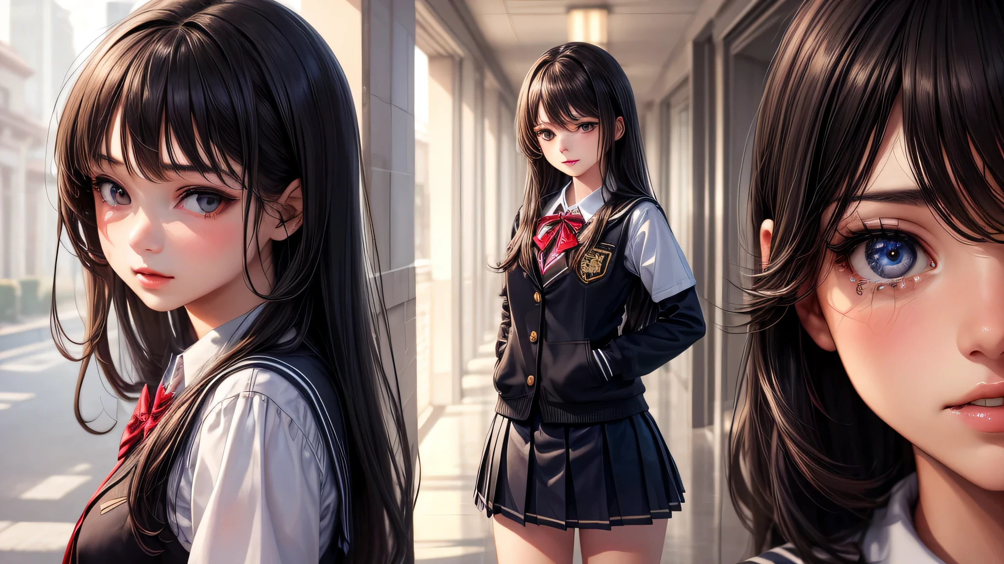 (1girl), brown eyes, air bangs, (highly detailed eyes, highly detailed face), (hyper-realistic, hight resolution), (best Quality:1.4), (high school uniform, pleated mini skirt:1.2), model, Enchanting, school, school hallway, alone, tears in her eyes, 