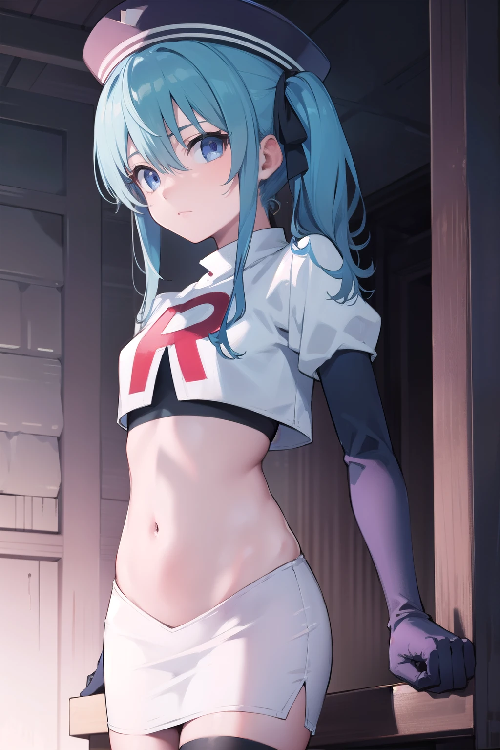 hoshimachisuisei, suisei hoshimachi, blue eyes, blue hair, hair between eyes, medium hair, side ponytail,
BREAK beret, crown, gloves, grey headwear, hat, jacket, jewelry, team rocket,team rocket uniform, red letter R, white skirt,white crop top,black thigh-highs ,black elbow gloves
BREAK looking at viewer,
BREAK (masterpiece:1.2), best quality, high resolution, unity 8k wallpaper, (illustration:0.8), (beautiful detailed eyes:1.6), extremely detailed face, perfect lighting, extremely detailed CG, (perfect hands, perfect anatomy),