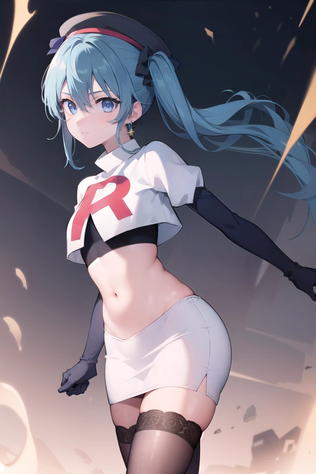 hoshimachisuisei, suisei hoshimachi, blue eyes, blue hair, hair between eyes, medium hair, side ponytail,
BREAK beret, crown, gloves, grey headwear, hat, jacket, jewelry, team rocket,team rocket uniform, red letter R, white skirt,white crop top,black thigh-highs ,black elbow gloves
BREAK looking at viewer,
BREAK (masterpiece:1.2), best quality, high resolution, unity 8k wallpaper, (illustration:0.8), (beautiful detailed eyes:1.6), extremely detailed face, perfect lighting, extremely detailed CG, (perfect hands, perfect ???????),