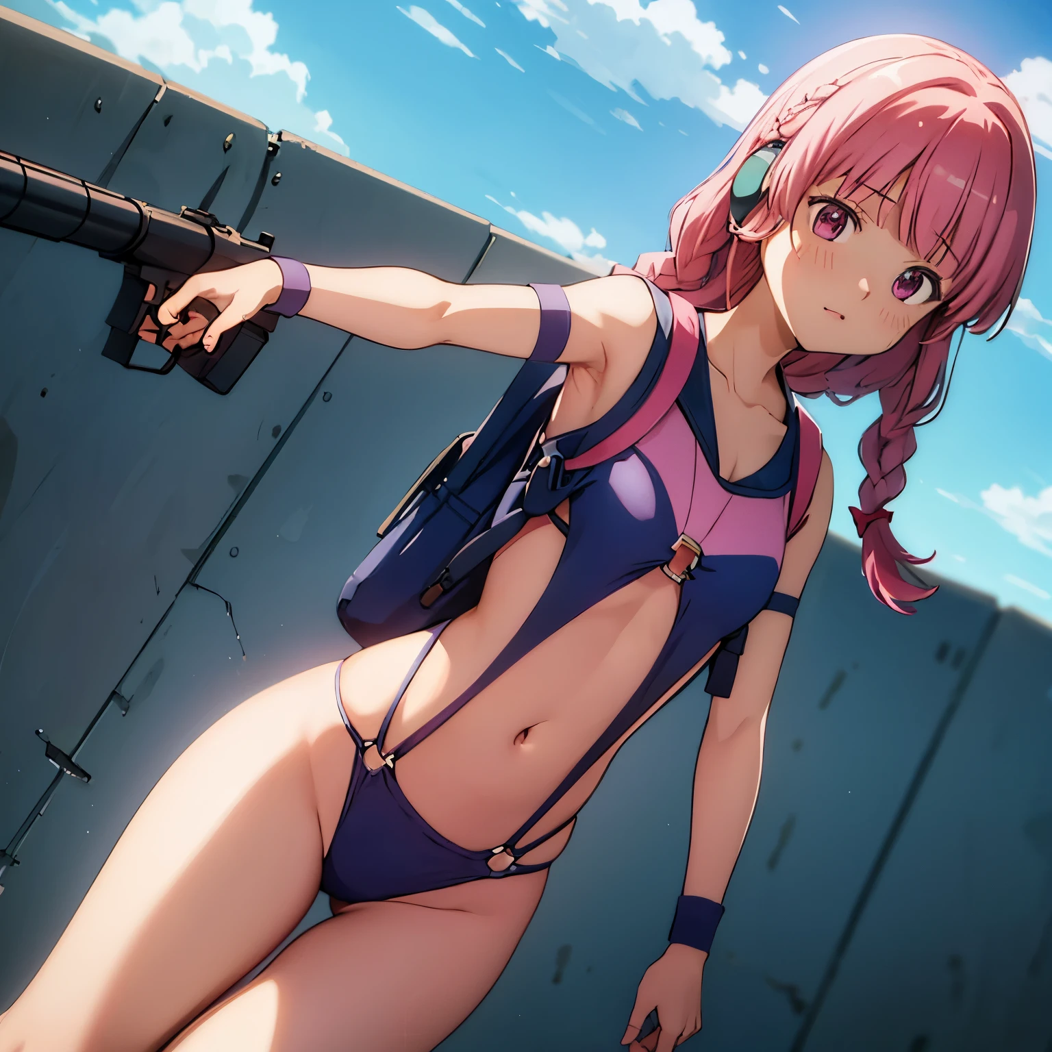 {tamaki_iroha_puellamagimadokamagicasidestorymagiarecord:0.6}, pink_hair, pink_eyes, bangs, blunt_bangs, braid, sidelocks, blush, bow, long_hair, Imperial Guard Combat Uniform Swimsuit, o-ring bikini, v gundam, swimsuit, absurdres, highres, solo, cowboy shot, 1girl, neneka nibrou \(cosplay\), wristband, headphone, holster, backpack, holding gun, aiming, perfect hands, wind, medium breast
