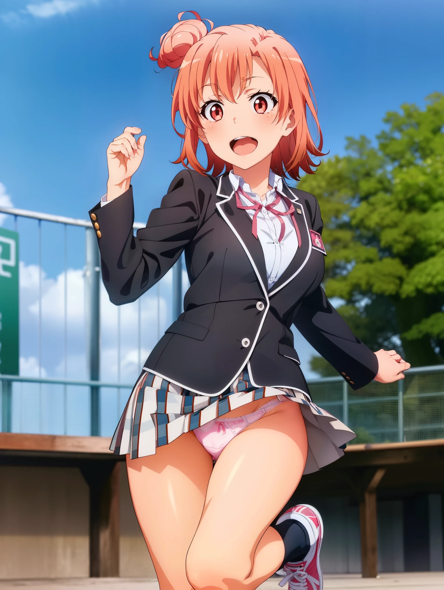 1 girl,playground,(Yuigahama Yui),big breasts,jump,open mouth smile,(whole body:1,0),Wearing sneakers,uniform,blazer,shirt,check skirt,socks(Pussy cameltoe in panties:1.0),(Pink Lace Panties),