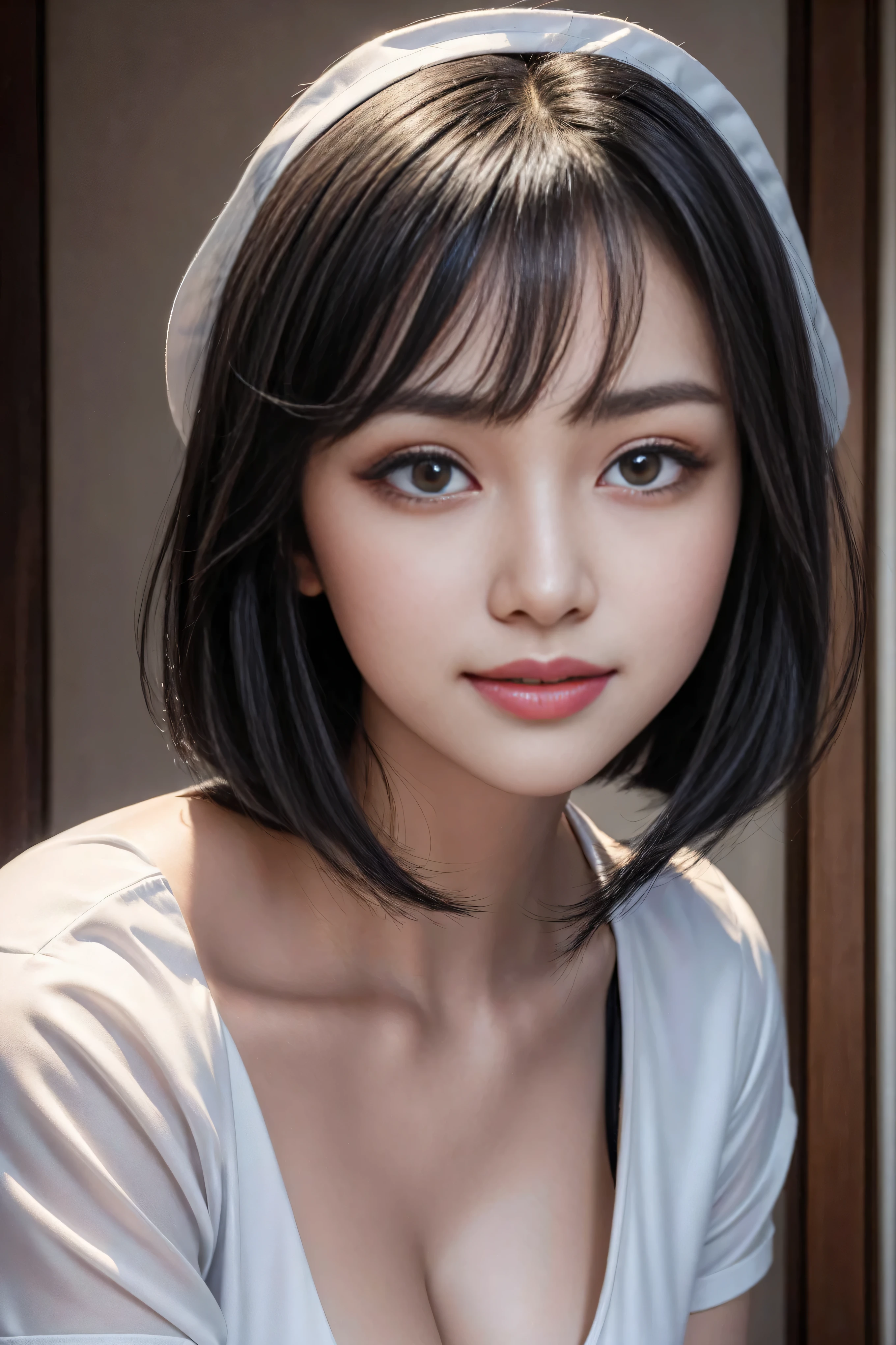 (2 终极美女Nurse)、Very rich facial details、Detailed lips、exquisite eyes、double eyelids、((black bob hair))、(Nurse:1.3)、(charming figure)、(huge cleavage)、Smile、thigh, thigh, thigh, perfect fit, 完美的图像realism, background with: (hospital ward:1.2), cow boy shooting, Meticulous background, Meticulous costumes, perfect lighting、Surrealism、(realism:1.4)、8K maximum resolution, (masterpiece), The content is very detailed, professional