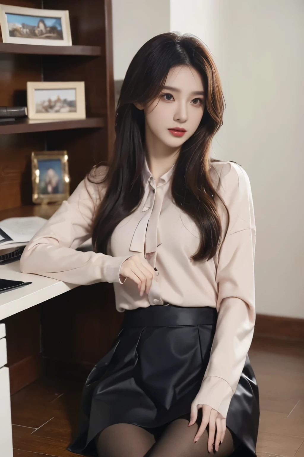 (Elite secretary in light lingerie), sit on chair，working in office、 (wear pantyhose)、(short layer hair)、legs crossed, Wear high-end high heels、 (stockings and skirt), shirt secretary, merchant,  wear a shirt and skirt, Professional attire, business attire, original photo, (8k、top quality、masterpiece:1.2)、(intricate details:1.4)、(Realism:1.4)、Octane number renderings、Complex 3D renderings with ultra-details,  Vibrant details, Super details, Realistic skin texture, Detailed production, beautiful details eyes, Very detailed CG Unity 16k wallpaper, Makeup - Makeup, (Detailed background:1.2), shiny skin、bare on thighs!!!,