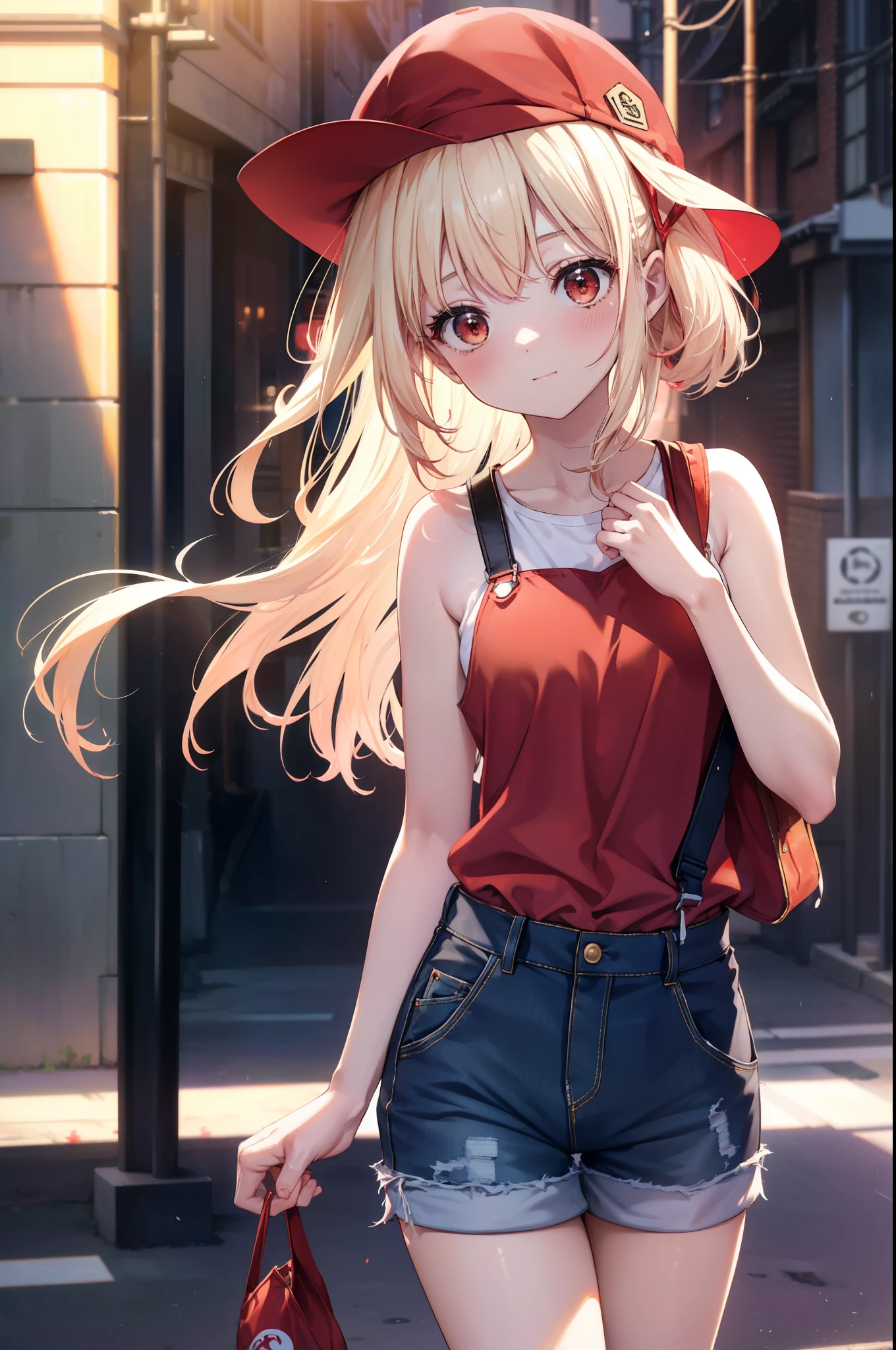 chisatonishikigi, nishikigi chisato, long hair, bangs, blonde hair, (red eyes:1.5), one side up,smile,blush,baseball hat,bare arms,red sleeveless tank top,Overalls with one handle coming off,shorts,short sneakers,I'm turning around,noon,
break outdoors, In town,building street,
break looking at viewer, (cowboy shot:1.5),
break (masterpiece:1.2), highest quality, High resolution, unity 8k wallpaper, (figure:0.8), (detailed and beautiful eyes:1.6), highly detailed face, perfect lighting, Very detailed CG, (perfect hands, perfect anatomy),