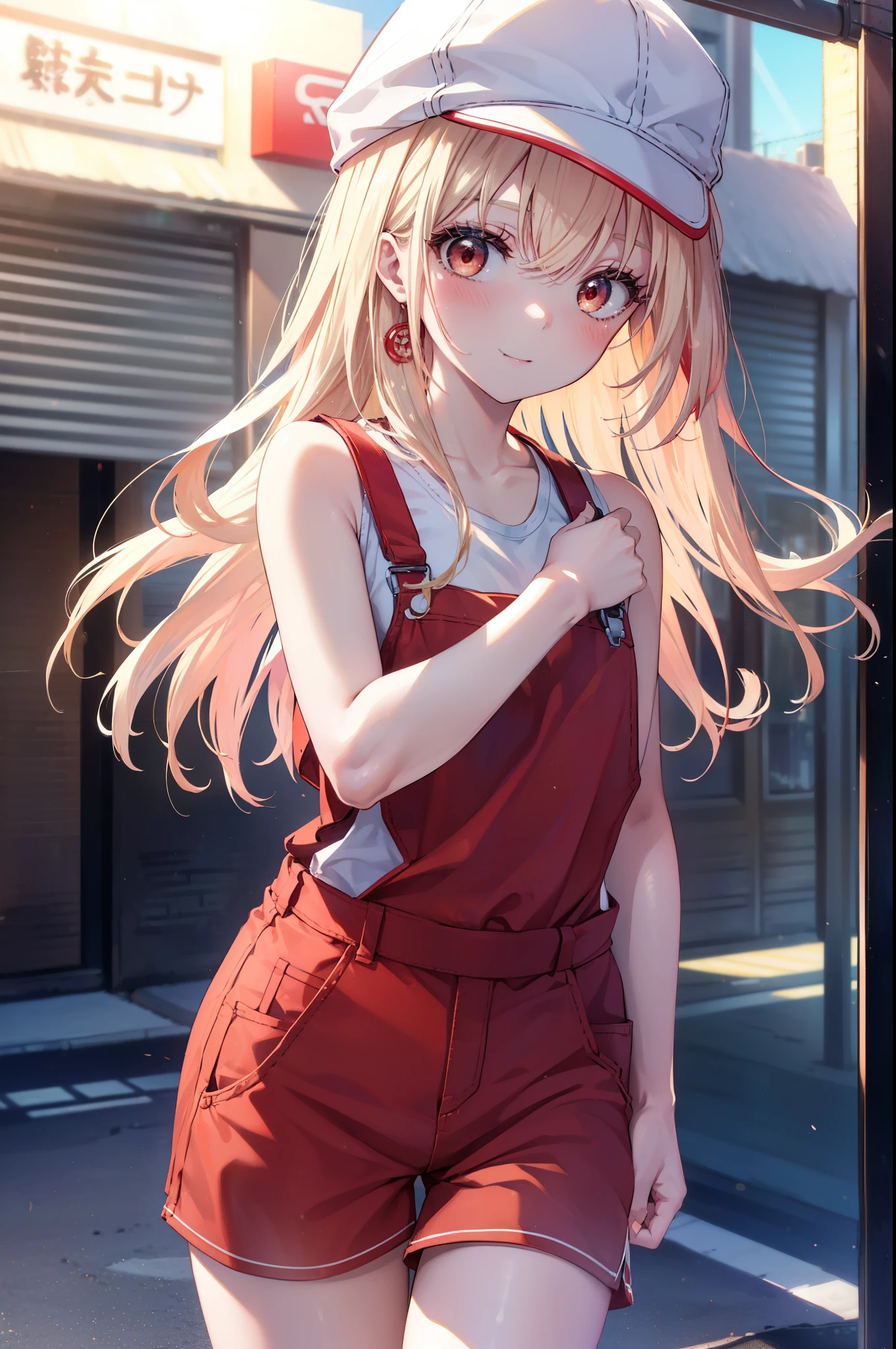 chisatonishikigi, nishikigi chisato, long hair, bangs, blonde hair, (red eyes:1.5), one side up,smile,blush,baseball hat,bare arms,red sleeveless tank top,Overalls with one handle coming off,shorts,short sneakers,I'm turning around,noon,
break outdoors, In town,building street,
break looking at viewer, (cowboy shot:1.5),
break (masterpiece:1.2), highest quality, High resolution, unity 8k wallpaper, (figure:0.8), (detailed and beautiful eyes:1.6), highly detailed face, perfect lighting, Very detailed CG, (perfect hands, perfect anatomy),