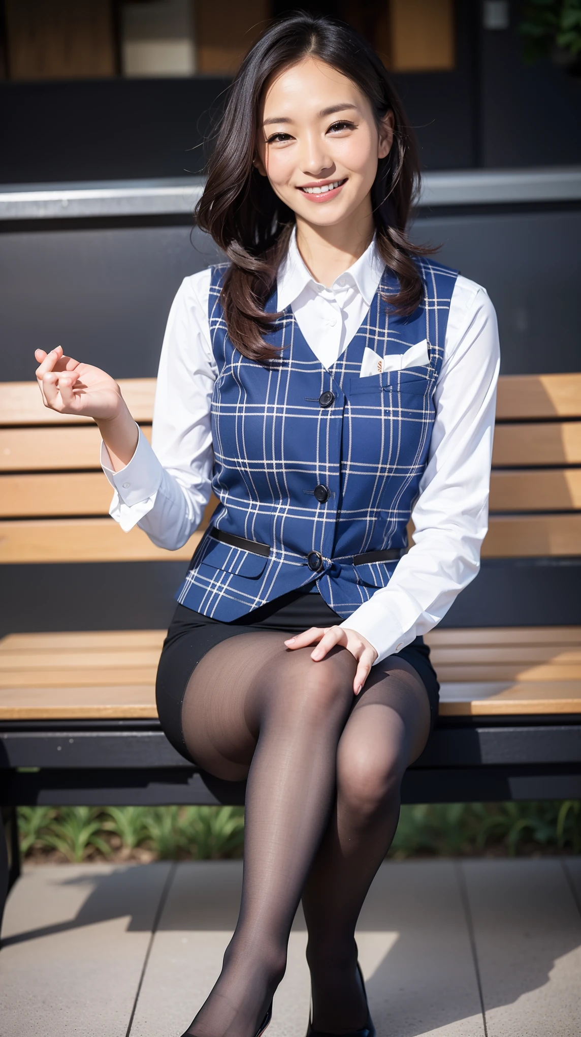 Ulchan-6500-v1.1, (RAW photo:1.2), (Photoreal), (genuine:1.4), 1girl、perfect anatomy、48 years old、look at the camera、medium long hair、plaid vest、((sitting on the bench:1.3))、(super realistic pantyhose:1.2), (high heels)、(business services)、(very kind smile:1.2)、