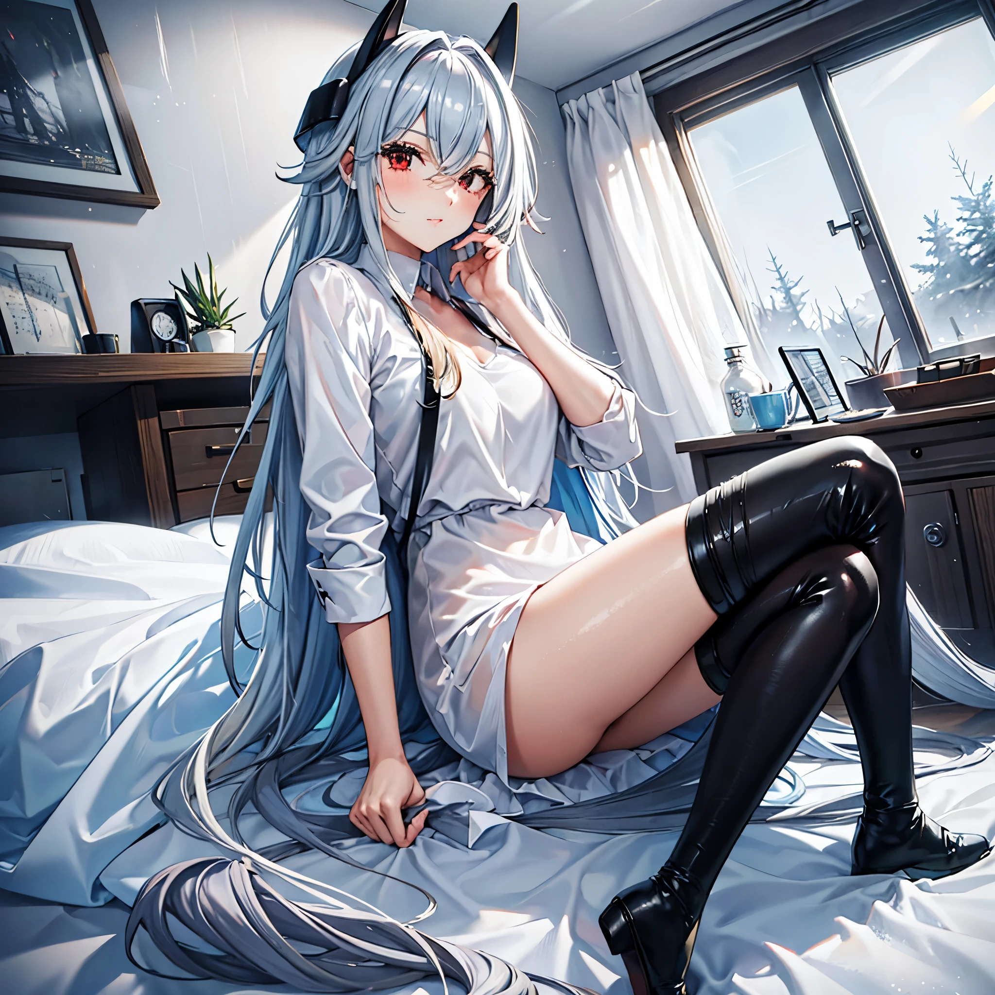 A woman in white cold clothes in a modern cold house, silver hair, red eye.
