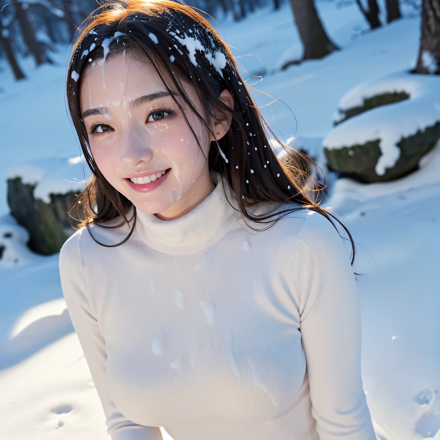 (table top、highest quality、8k、Award-winning work、ultra high resolution)、one beautiful woman、(Perfect red turtleneck long sleeve knit sweater dress:1.1)、(close up of face:1.1)、(Very fine knit with a smooth texture:1.1)、long hair、(Snowy mountains of Northern Europe:1.1)、snow forest、mysterious forest snow scene、(blurred background:1.1)、(very bright and vivid:1.1)、(very bright and glowing skin:1.1)、(glamorous body:1.1)、(Tightest knit with perfect fit:1.1)、(very big breasts:1.1)、(emphasize body line:1.1)、winter、(the biggest smile looking at me:1.1)、(Smile showing your beautiful perfect teeth:1.1)、A vivid and magical sunset、romantic sunset glow、shining snow、beautiful sunlight filtering through the foliage、epic movie lighting、The sparkle of fine diamond dust、(It&#39;s snowing:1.2)、perfect fit、(accurate anatomy:1.1)、ultra high definition hair、ultra high resolutionの完璧な美しい歯、Ultra high definition beauty face、ultra high definition hair、Super high-definition sparkling eyes、輝くultra high resolutionの美肌、ultra high resolutionの艶やかな唇、epic movie lighting、the most romantic、the moodiest、romantic love feeling、(face covered in semen:1.5)、(Knit dress covered in semen:1.1)