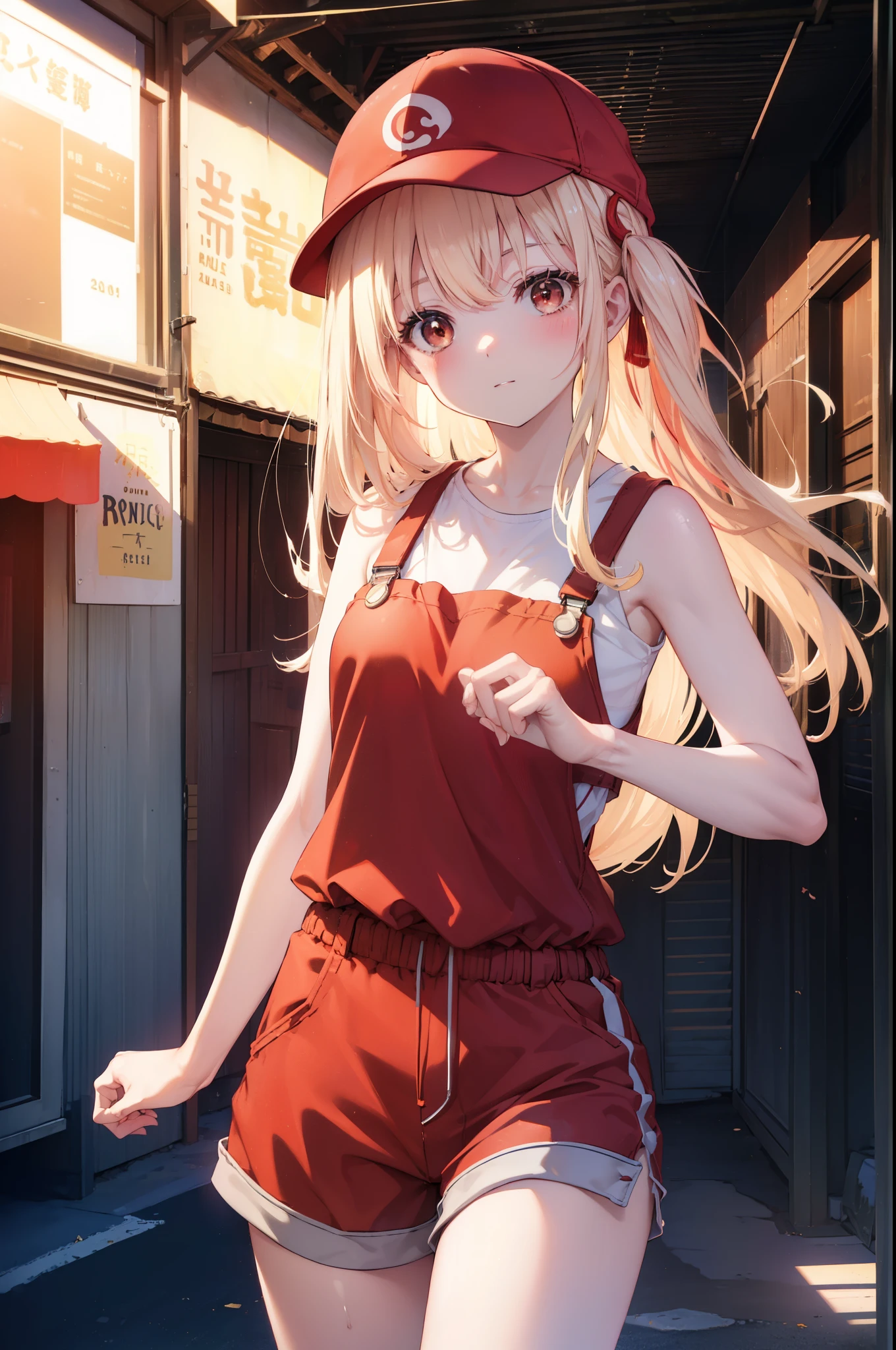 chisatonishikigi, nishikigi chisato, long hair, bangs, blonde hair, (red eyes:1.5), one side up,smile,blush,baseball hat,bare arms,red sleeveless tank top,Short overalls with one handle detached,sneakers,I'm turning around,noon,
break outdoors, In town,building street,
break looking at viewer, (cowboy shot:1.5),
break (masterpiece:1.2), highest quality, High resolution, unity 8k wallpaper, (figure:0.8), (detailed and beautiful eyes:1.6), highly detailed face, perfect lighting, Very detailed CG, (perfect hands, perfect anatomy),