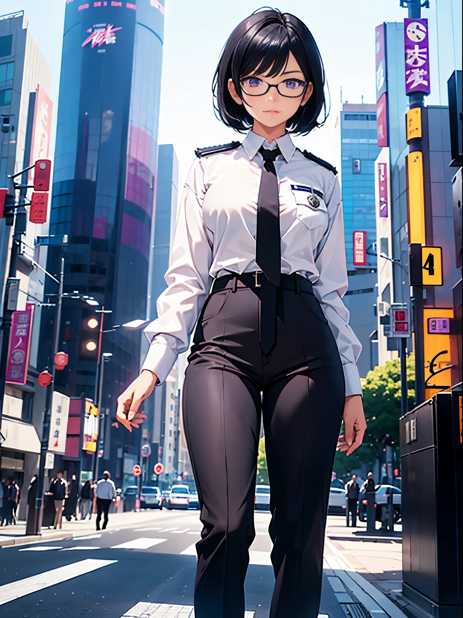 1girl, solo, short hair, jet black hair, purple eyes, (full body), standing, bangs, japanese police uniform, glasses, tokyo city backdrop, (white shirt), (black pants, tie), matching shoes, medium breasts, 20 age, badge, (perfect hands, perfect anatomy),