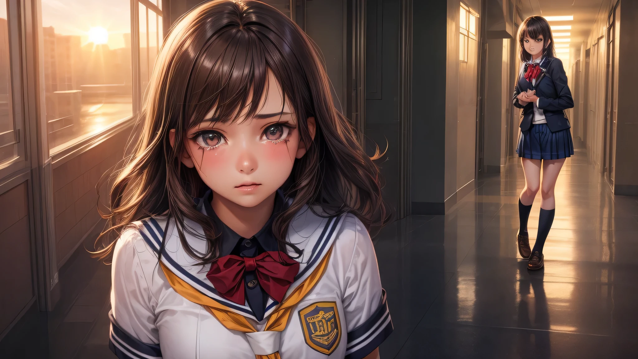 (1girl), brown eyes, air bangs, (highly detailed eyes, highly detailed face), (hyper-realistic, hight resolution), (best Quality:1.4), (high school uniform, pleated mini skirt:1.2), model, Enchanting, school, school hallway, alone, tears in her eyes, The setting sun shining through the school hallway,