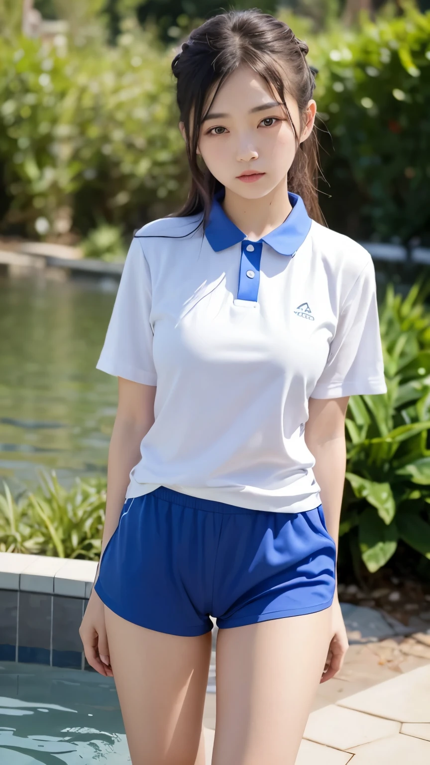 best quality, masterpiece, ultra high resolution, original photo, (lifelike:1.4), 1 girl, Detailed face, cowboy shooting, exist (Blue collar white tight shirt, Tight high-cut blue sports shorts,white transparent),exist学校厕所里，躺exist充满水的浴缸里，躺exist充满水的浴缸里，legs spread，legs spread，turbulent attitude，turbulent attitude，big breasts, protrude, protrude,protrude,Unbuttoned clothes,,All clothes are soaked through, All clothes are soaked through, Wet clothes cling to the body, Wet clothes cling to the body, (Yao Liu:1.2), Hair tied into balls，Hair tied into balls, No braids，No braids，Don&#39;t braid your hair，Don&#39;t braid your hair，Bokeh, beautiful lightexistg, model posexistg, Perfect body，pretty face，15 year old beautiful girl，Pull up to expose underwear，legs spread，There is thick liquid flowing down the inside of the leg，The front of the pants is soaked，Transparent underwear，The small slit below is recessed，Water leaks from the small cracks，soaked underwear，Front and upper crotch，exposed