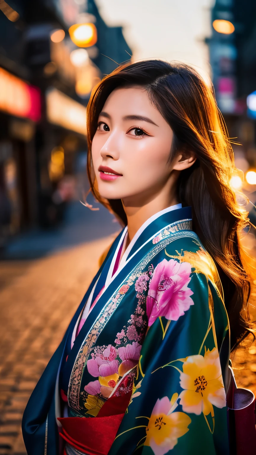 Beautiful Japanese supermodel woman, A lock of hair with slight highlights, black eyes, mixed media, Sexy，street background，Gorgeous kimono , Liquid color flows across her face, Sunset，Photo by Wang Luodan，god of wealth