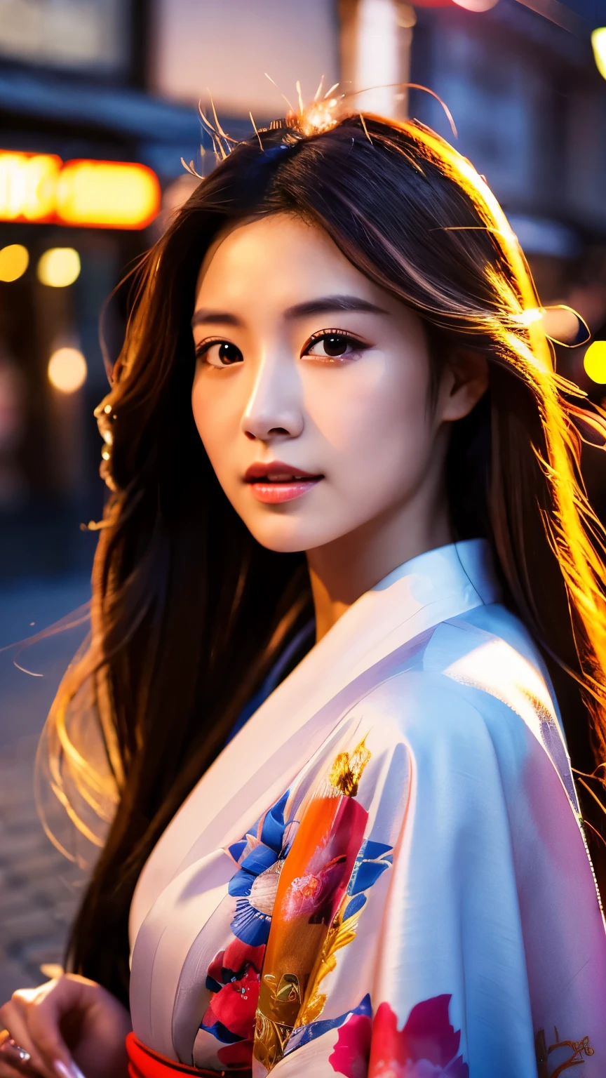 Beautiful Japanese supermodel woman, A lock of hair with slight highlights, black eyes, mixed media, Sexy，street background，Gorgeous kimono , Liquid color flows across her face, Sunset，Photo by Wang Luodan，god of wealth