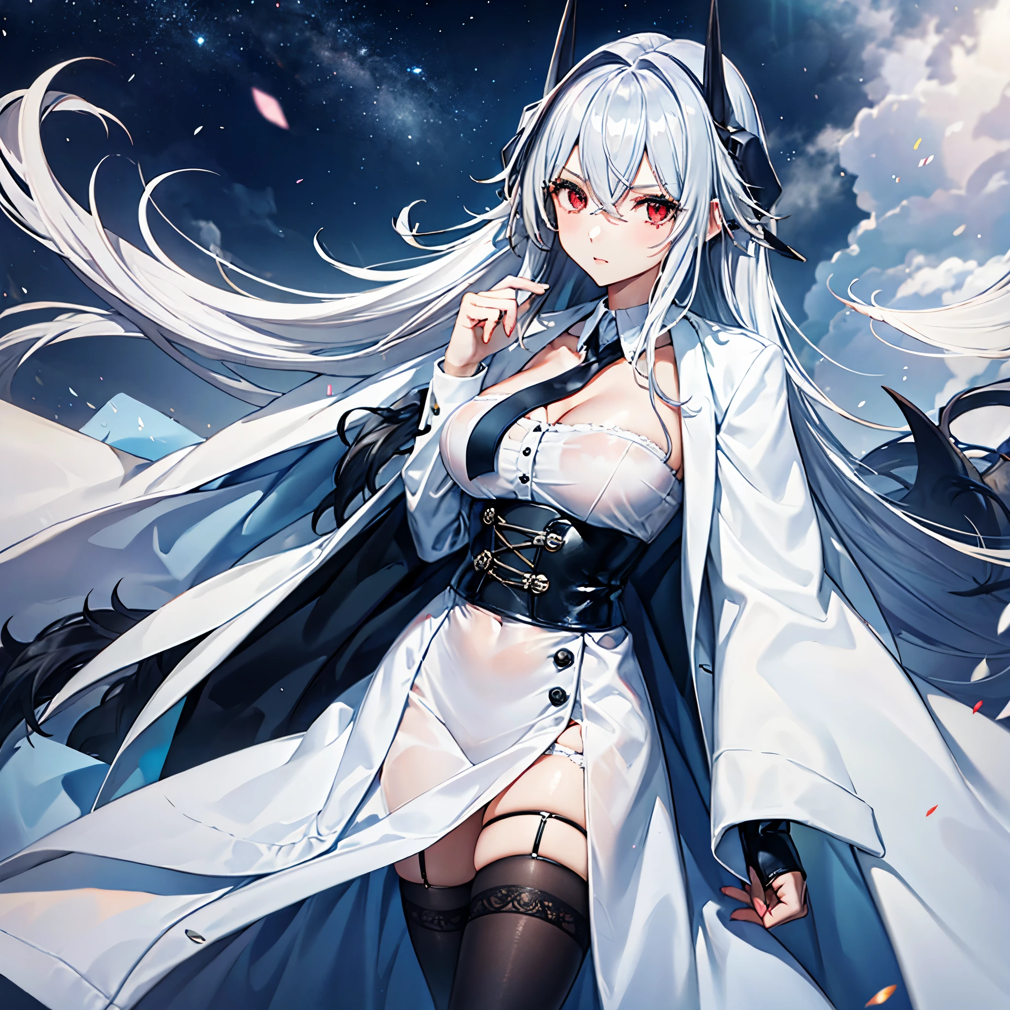 A woman in white cold clothes in a modern cold house, silver hair, red eye, big breast.
