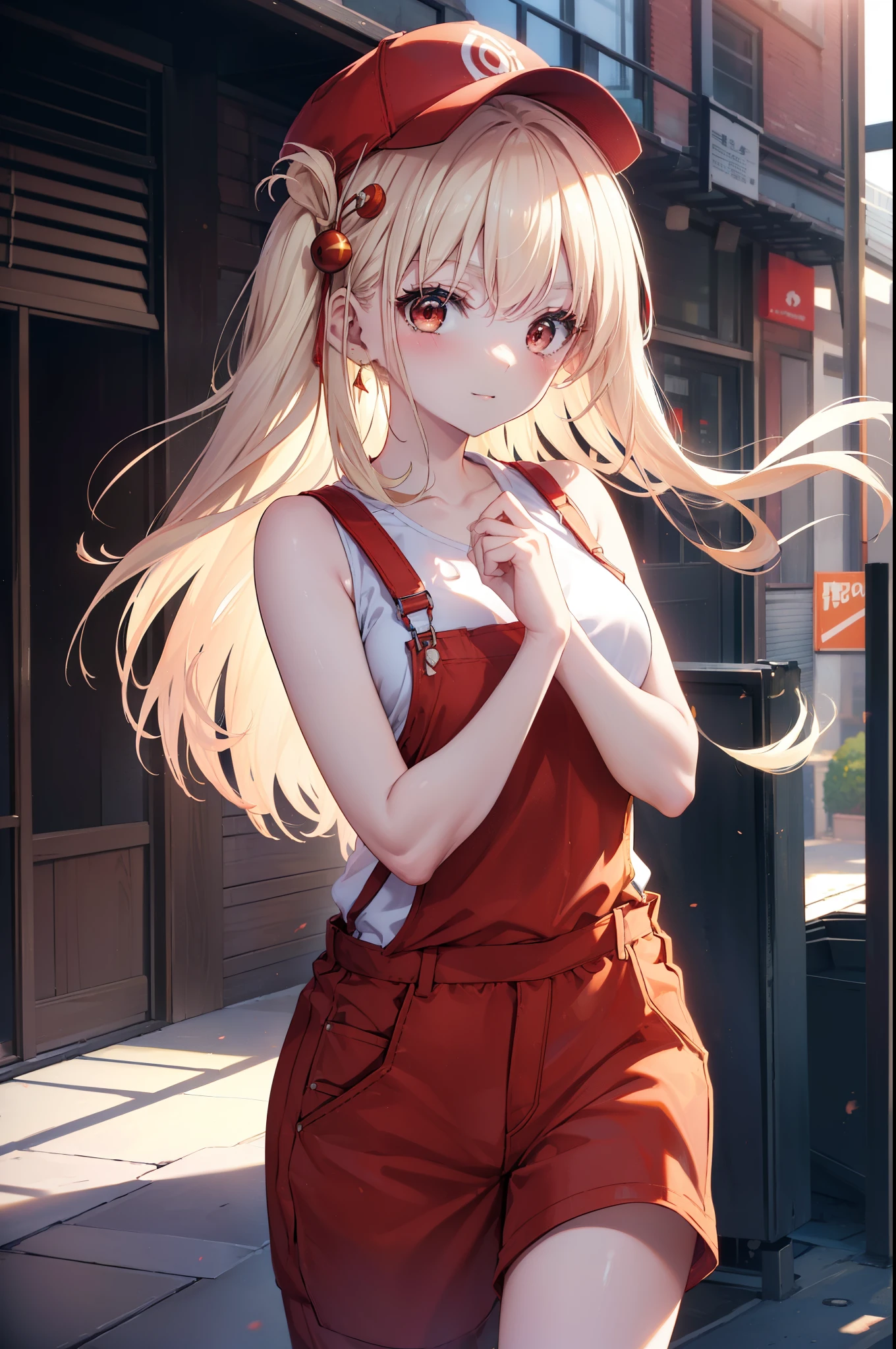 chisatonishikigi, nishikigi chisato, long hair, bangs, blonde hair, (red eyes:1.5), one side up,smile,blush,baseball hat,bare arms,red sleeveless tank top,Overalls with one handle coming off,sneakers,noon,Light of the sun,
break outdoors, In town,building street,
break looking at viewer, (cowboy shot:1.5),
break (masterpiece:1.2), highest quality, High resolution, unity 8k wallpaper, (figure:0.8), (detailed and beautiful eyes:1.6), highly detailed face, perfect lighting, Very detailed CG, (perfect hands, perfect anatomy),